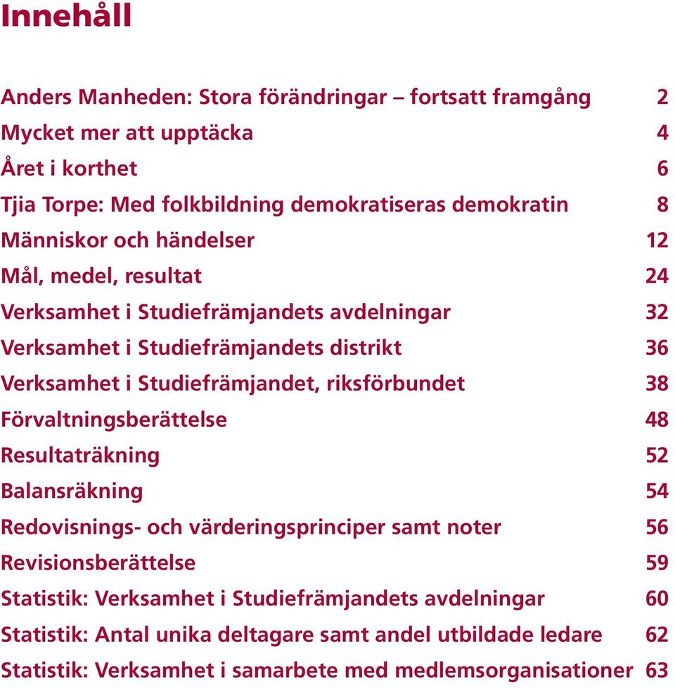 Studiefrämjandet, riksförbundet 38 Förvaltningsberättelse 48 Resultaträkning 52 Balansräkning 54 Redovisnings- och värderingsprinciper samt noter 56 Revisionsberättelse