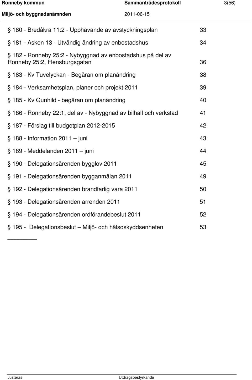 22:1, del av - Nybyggnad av bilhall och verkstad 41 187 - Förslag till budgetplan 2012-2015 42 188 - Information 2011 juni 43 189 - Meddelanden 2011 juni 44 190 - Delegationsärenden bygglov 2011 45