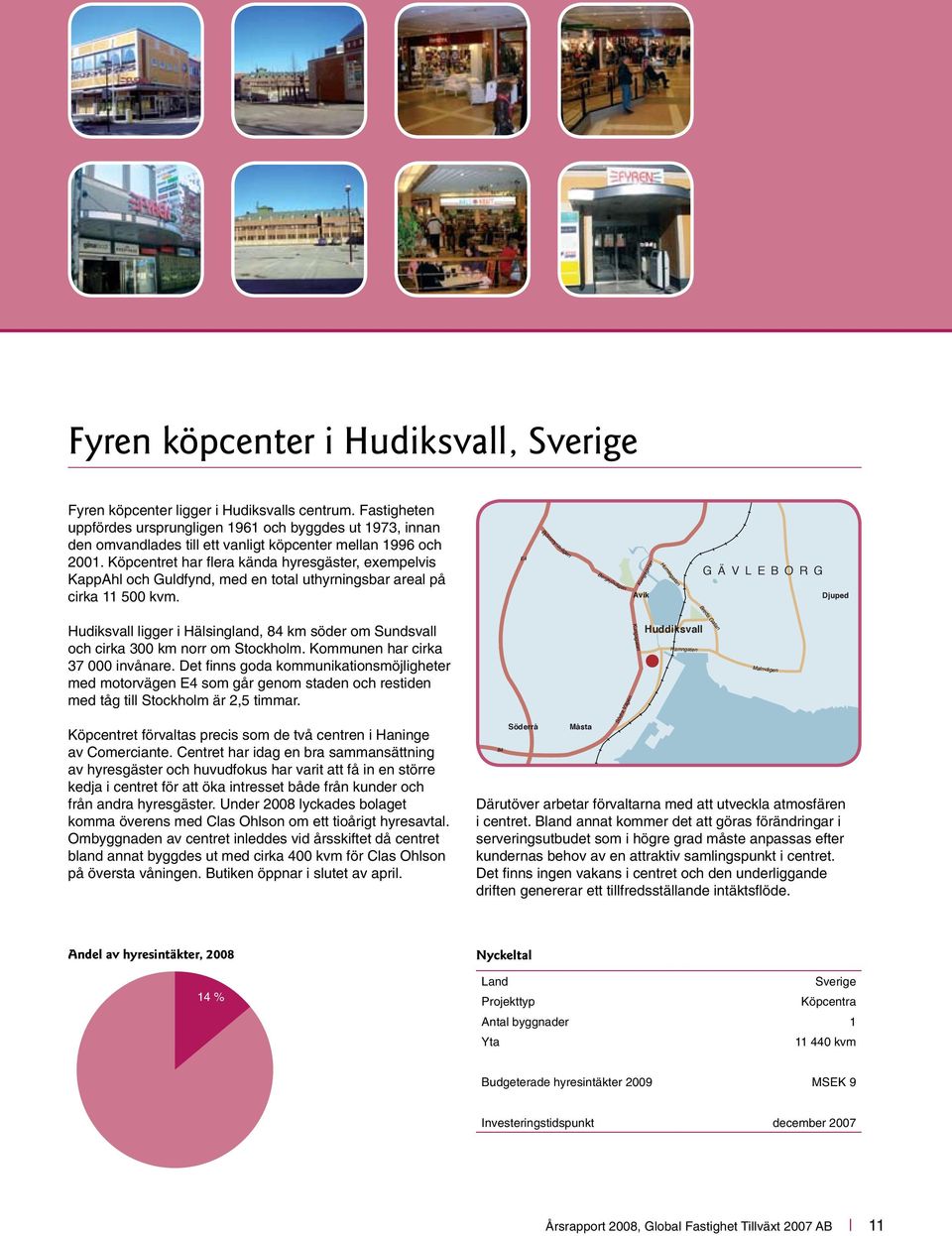 Köpcentret har flera kända hyresgäster, exempelvis KappAhl och Guldfynd, med en total uthyrningsbar areal på cirka 11 500 kvm.