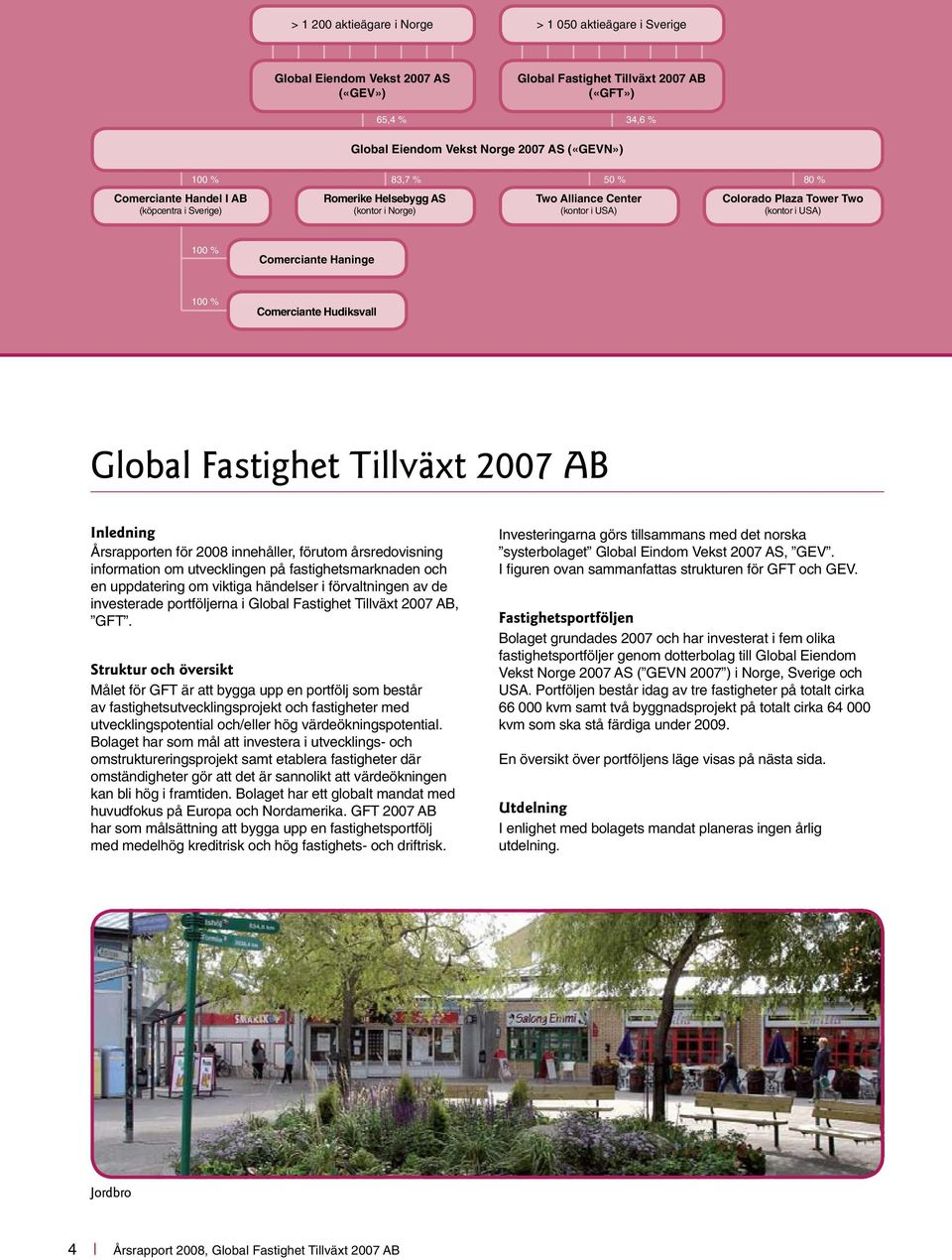 Haninge 100 % Comerciante Hudiksvall Global Fastighet Tillväxt 2007 AB Inledning Årsrapporten för 2008 innehåller, förutom årsredovisning information om utvecklingen på fastighetsmarknaden och en