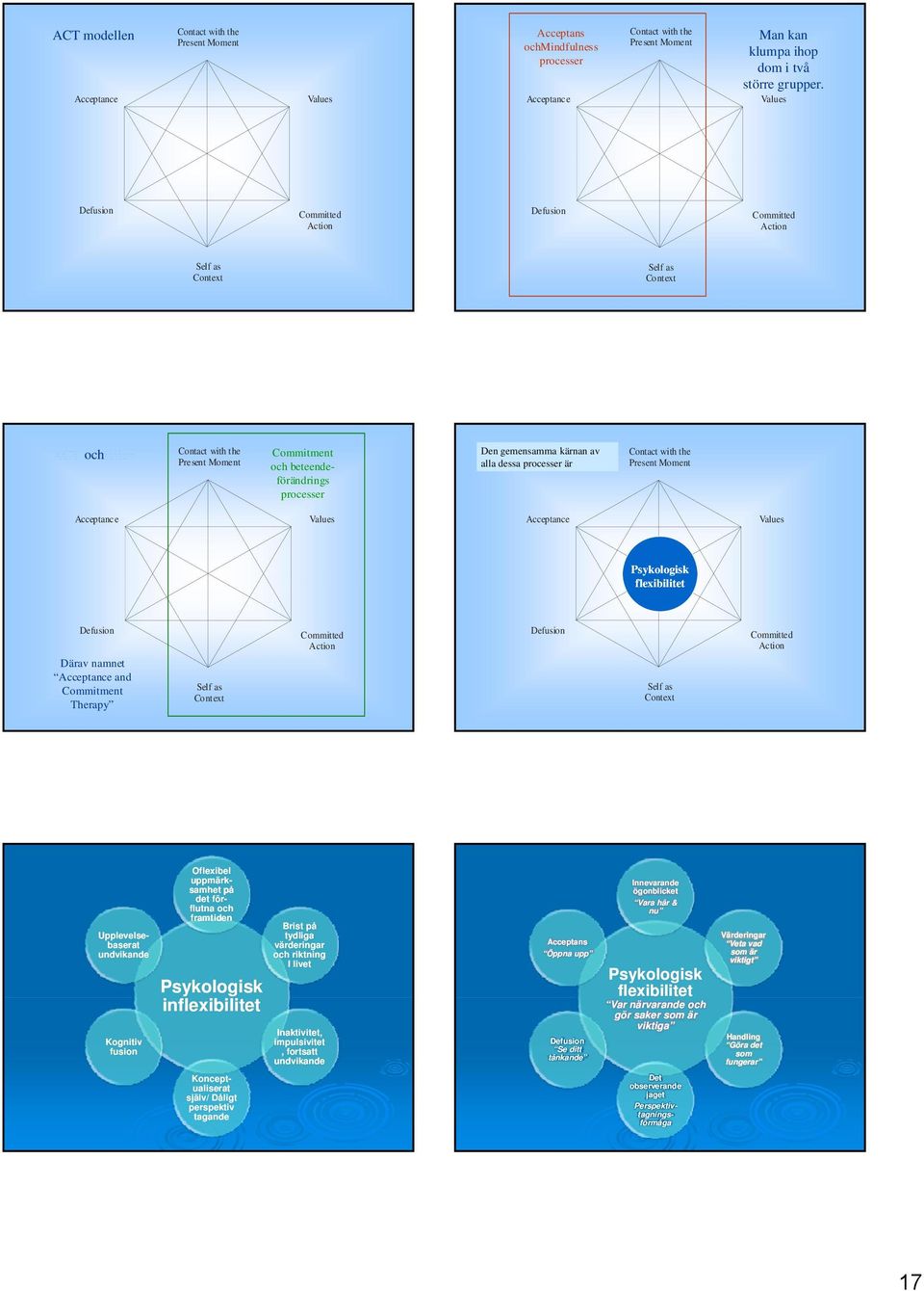 kärnan av ACT modellen alla dessa processer är Contact with the Present Moment Acceptance Values Acceptance Values Psykologisk flexibilitet Defusion Därav namnet Acceptance and Commitment Therapy