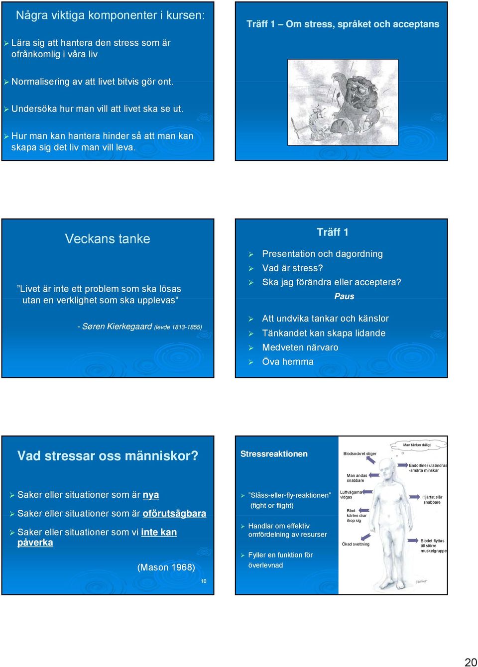 Veckans tanke Livet är inte ett problem som ska lösas utan en verklighet som ska upplevas - Søren Kierkegaard (levde 1813 (levde 1813-1855) 1855) Träff 1 Presentation och dagordning Vad är stress?