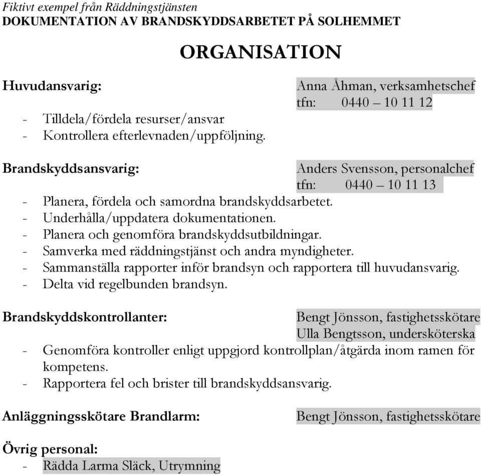 - Underhålla/uppdatera dokumentationen. - Planera och genomföra brandskyddsutbildningar. - Samverka med räddningstjänst och andra myndigheter.