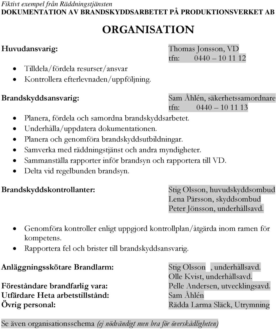 Planera och genomföra brandskyddsutbildningar. Samverka med räddningstjänst och andra myndigheter. Sammanställa rapporter inför brandsyn och rapportera till VD. Delta vid regelbunden brandsyn.