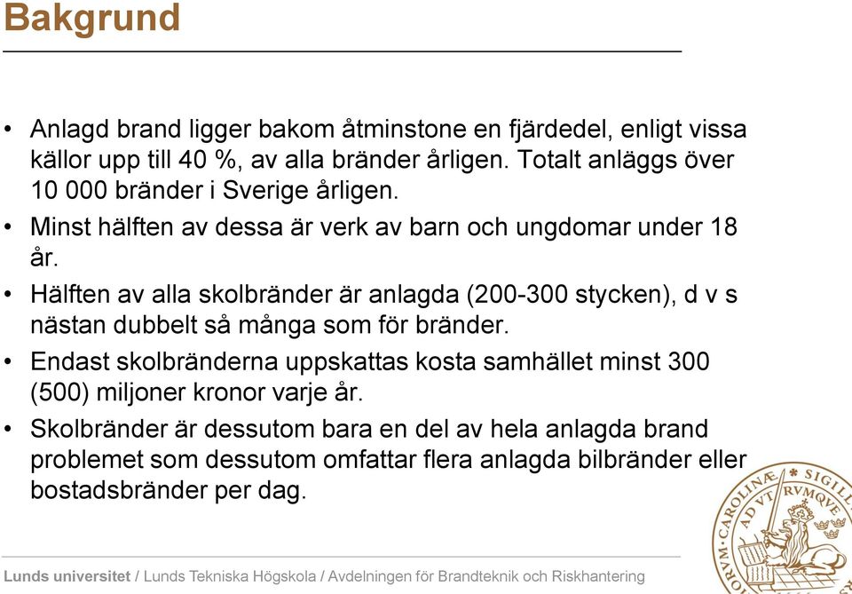 Hälften av alla skolbränder är anlagda (200-300 stycken), d v s nästan dubbelt så många som för bränder.