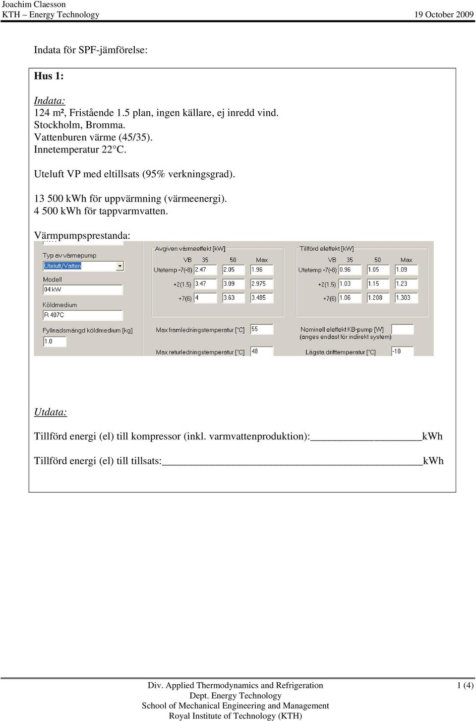 4 500 kwh för tappvarmvatten. Värmpumpsprestanda: Utdata: Tillförd energi (el) till kompressor (inkl.