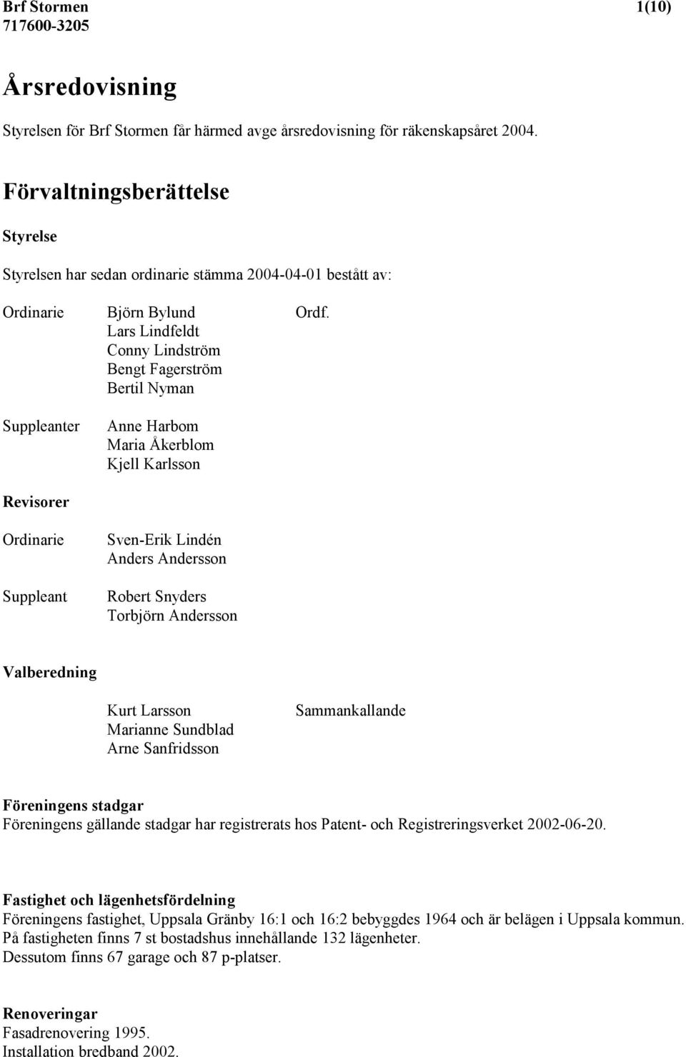 Lars Lindfeldt Conny Lindström Bengt Fagerström Bertil Nyman Suppleanter Anne Harbom Maria Åkerblom Kjell Karlsson Revisorer Ordinarie Suppleant Sven-Erik Lindén Anders Andersson Robert Snyders