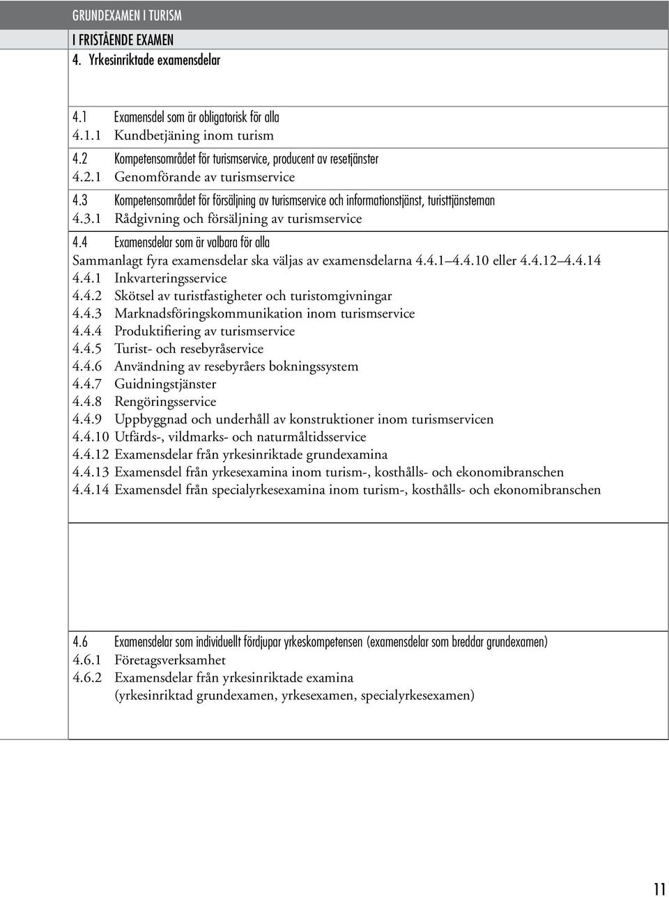 4 Examensdelar som är valbara för alla Sammanlagt fyra examensdelar ska väljas av examensdelarna 4.4.1 4.4.10 eller 4.4.12 4.4.14 4.4.1 Inkvarteringsservice 4.4.2 Skötsel av turistfastigheter och turistomgivningar 4.