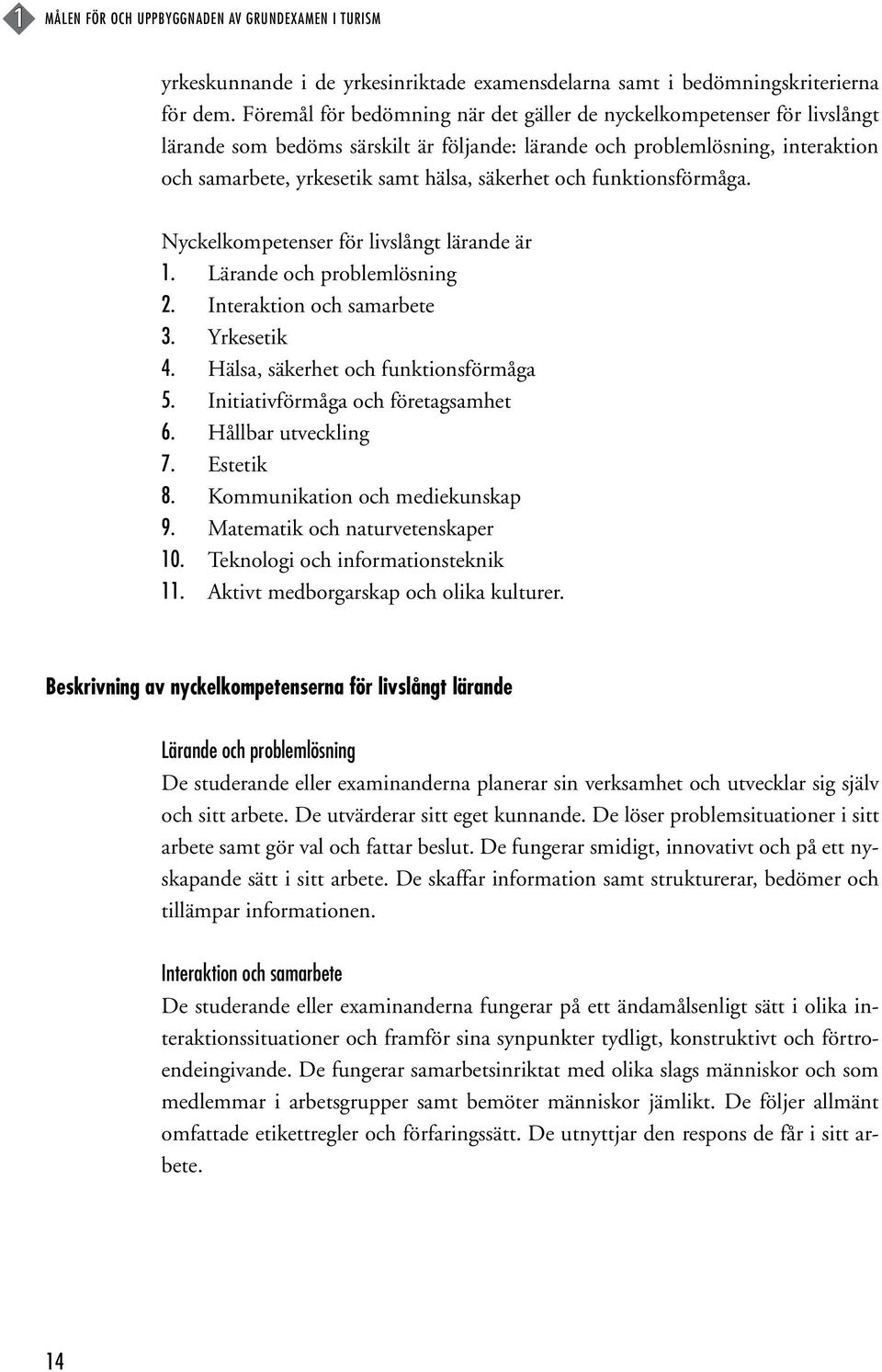 och funktionsförmåga. Nyckelkompetenser för livslångt lärande är 1. Lärande och problemlösning 2. Interaktion och samarbete 3. Yrkesetik 4. Hälsa, säkerhet och funktionsförmåga 5.