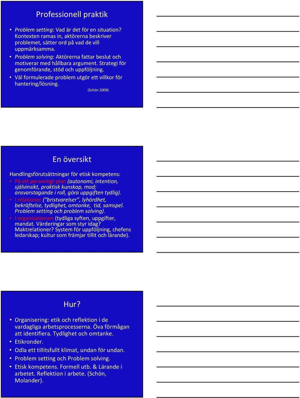 (Schön 2009) En översikt Handlingsförutsättningar för etisk kompetens: På ett personligt plan (autonomi, intention, självinsikt, praktisk kunskap, mod; ansvarstagande i roll, göra uppgiften tydlig).