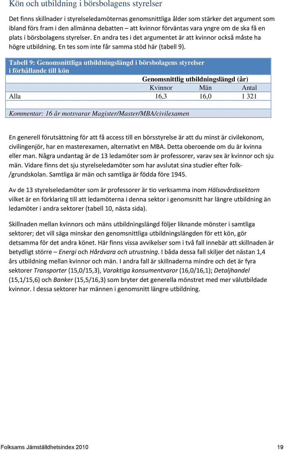 Tabell 9: Genomsnittliga utbildningslängd i börsbolagens styrelser i förhållande till kön Genomsnittlig utbildningslängd (år) Kvinnor Män Antal Alla 16,3 16,0 1 321 Kommentar: 16 år motsvarar