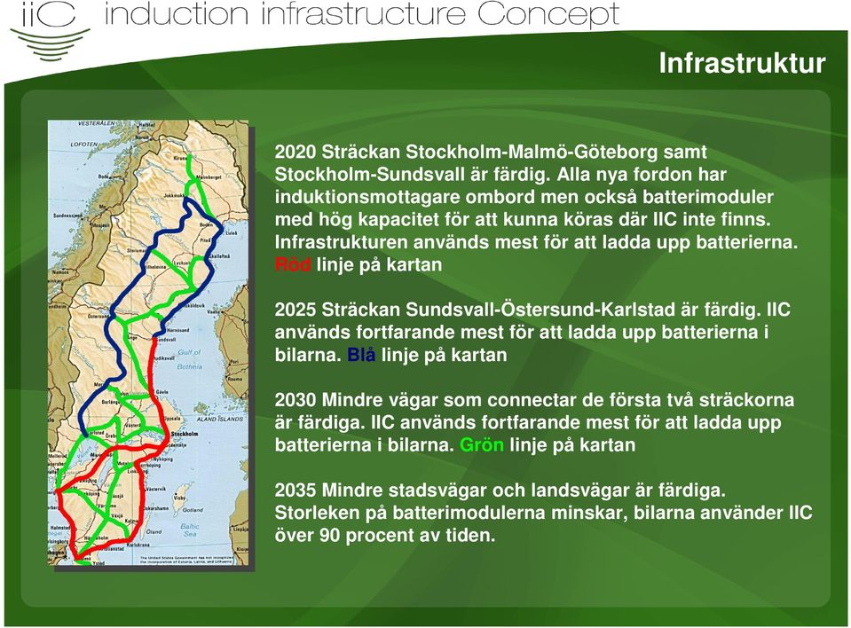 Infrastrukturen används mest för att ladda upp batterierna. Röd linje på kartan 2025 Sträckan Sundsvall-Östersund-Karlstad är färdig.
