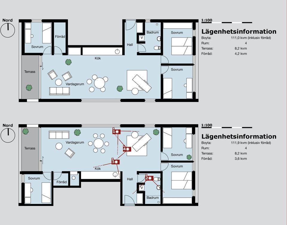 Nord 1:100 Terrass Vardagsrum Kök 1 3 4 Lägenhetsinformation Boyta: 111,9 kvm