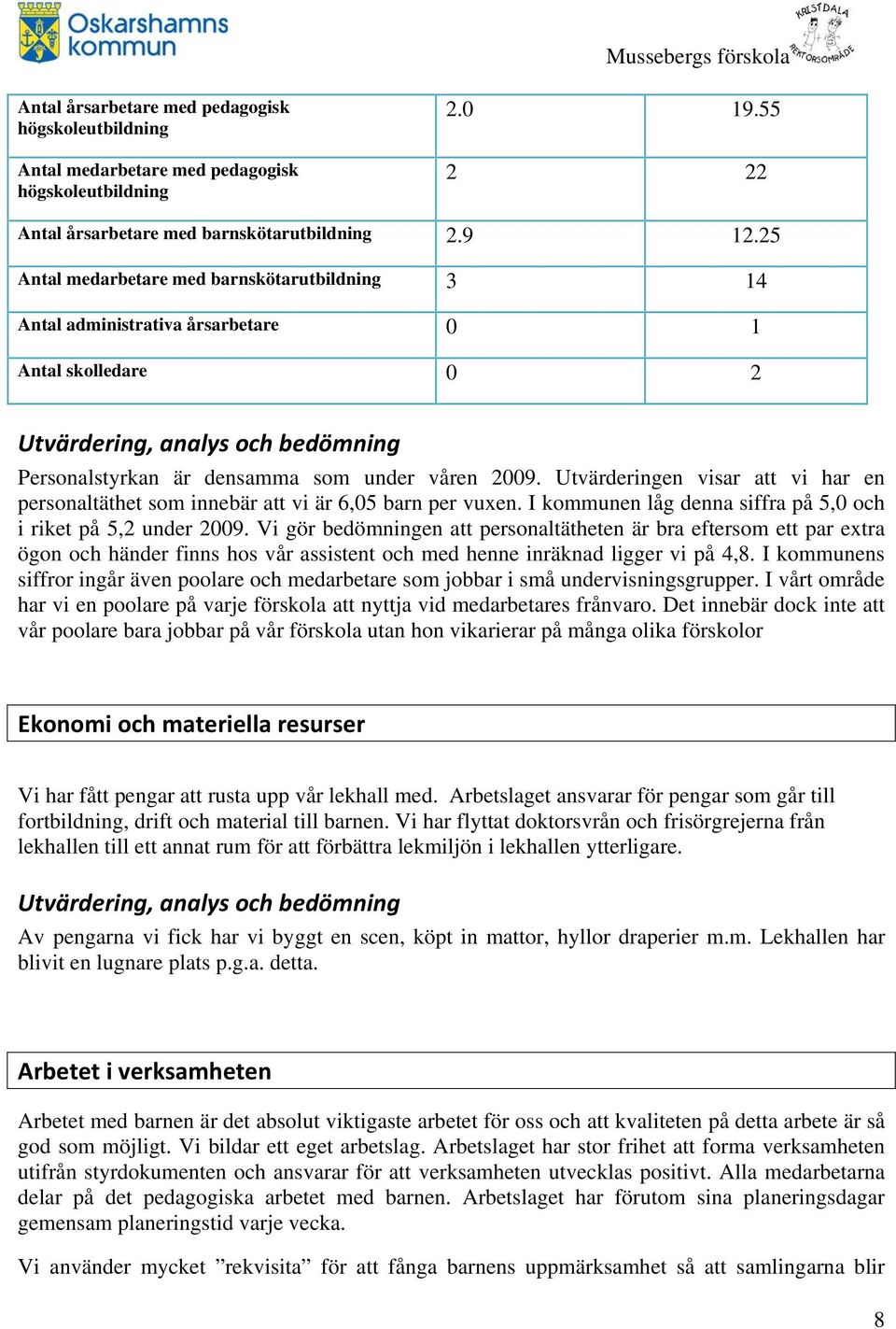 Utvärderingen visar att vi har en personaltäthet som innebär att vi är 6,05 barn per vuxen. I kommunen låg denna siffra på 5,0 och i riket på 5,2 under 2009.