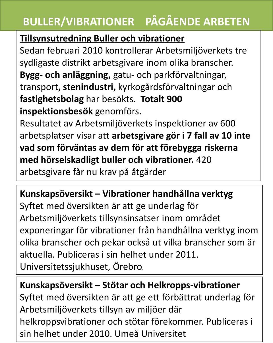 Resultatet av Arbetsmiljöverkets inspektioner av 600 arbetsplatser visar att arbetsgivare gör i 7 fall av 10 inte vad som förväntas av dem för att förebygga riskerna med hörselskadligt buller och