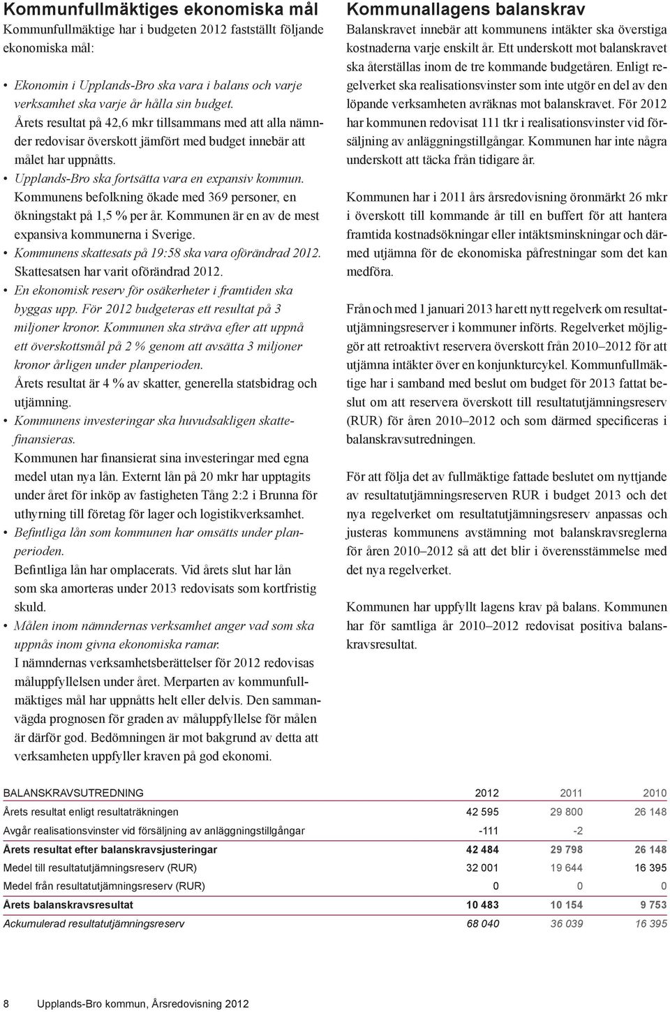 Kommunens befolkning ökade med 369 personer, en ökningstakt på 1,5 % per år. Kommunen är en av de mest expansiva kommunerna i Sverige. Kommunens skattesats på 19:58 ska vara oförändrad 2012.