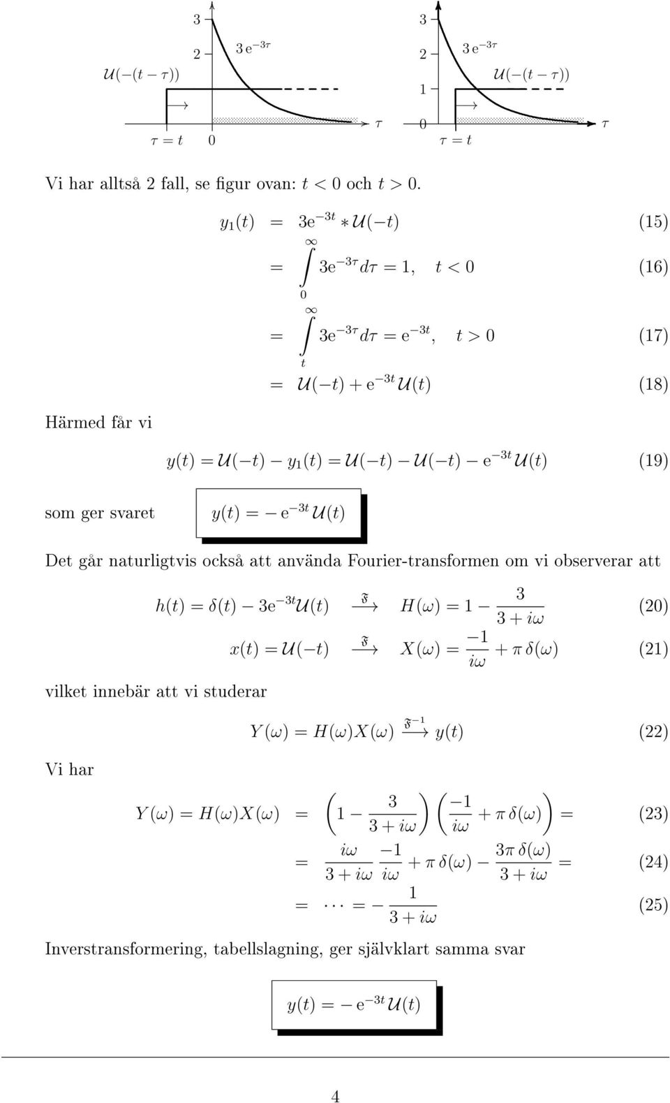 om vi observerar att h(t) = δ(t) 3e 3t U(t) vilket innebär att vi studerar Vi har x(t) = U( t) Y (ω) = H(ω)X(ω) = F H(ω) = 3 3 + iω F X(ω) = iω (0) + π δ(ω) () Y (ω) = H(ω)X(ω) F