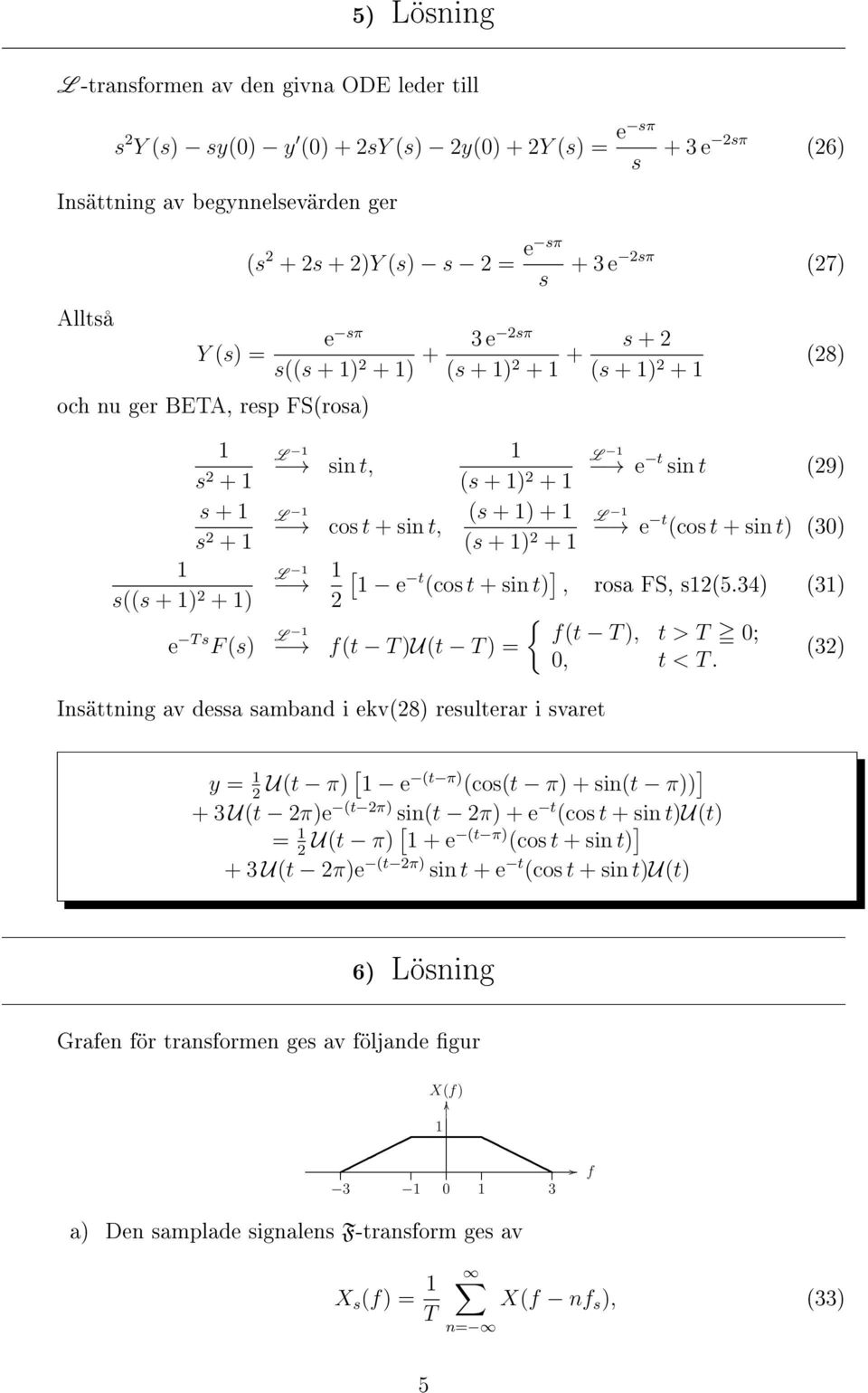 (30) (s + ) + [ e t (cos t + sin t) ], rosa FS, s(534) (3) L cos t + sin t, L L f(t T )U(t T ) = { f(t T ), t > T 0; 0, t < T (3) Insättning av dessa samband i ekv(8) resulterar i svaret y = U(t π) [