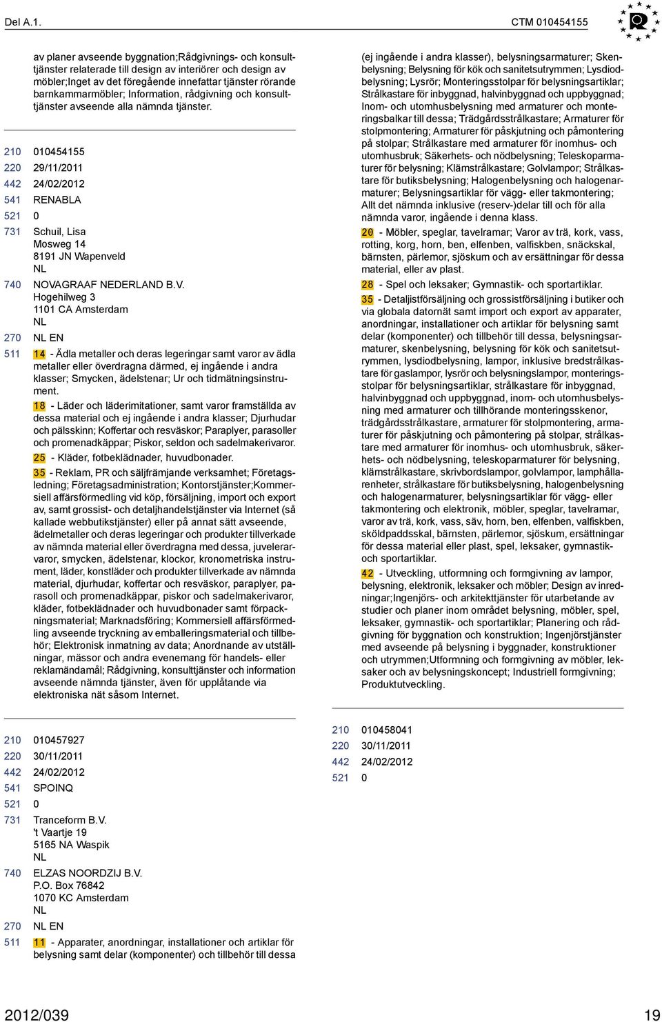 barnkammarmöbler; Information, rådgivning och konsulttjänster avseende alla nämnda tjänster. 1455 29/11/211 RENABLA Schuil, Lisa Mosweg 14 8191 JN Wapenveld NL NOVA