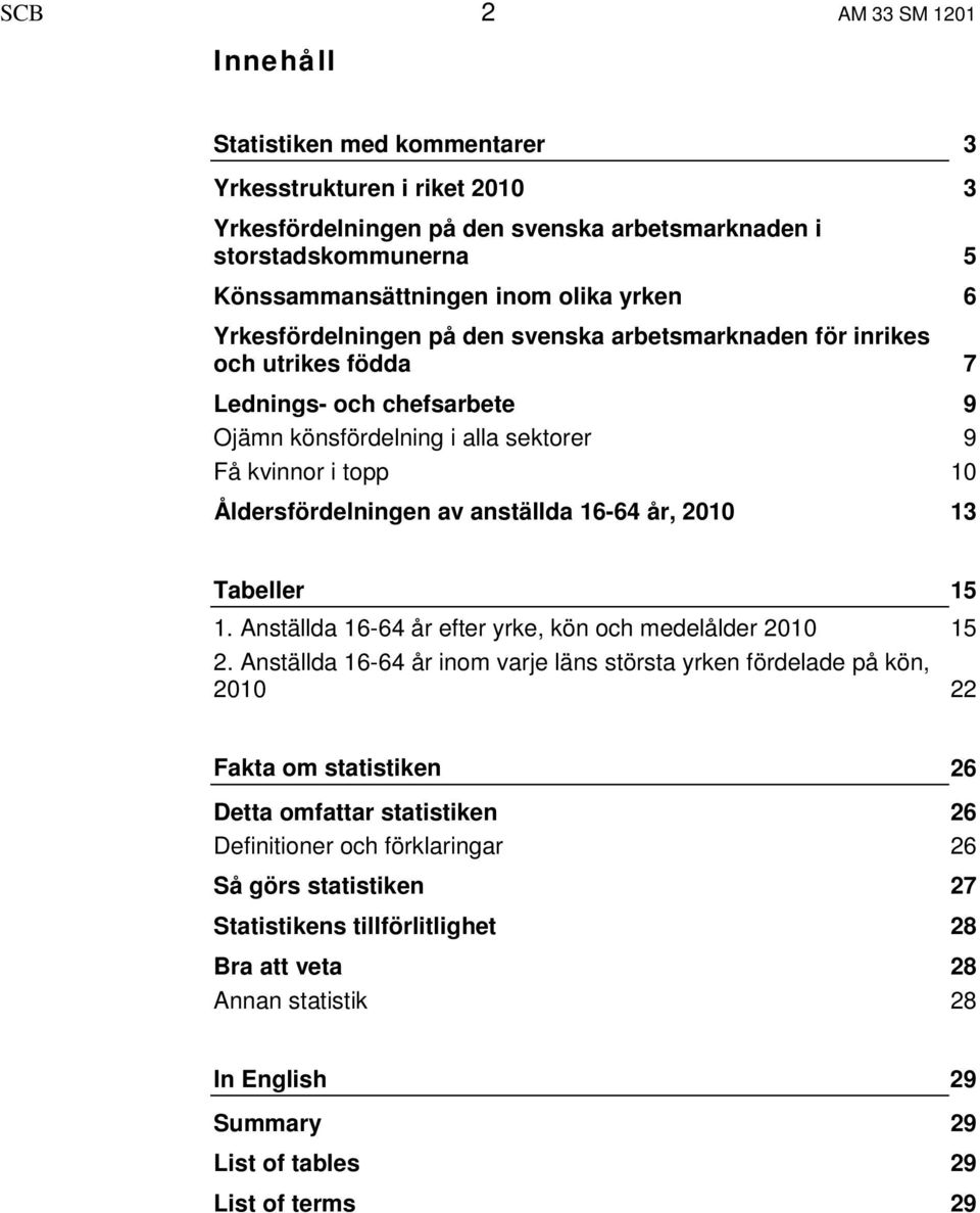 år, 2010 3 3 5 6 7 9 9 10 13 Tabeller 1. Anställda 16-64 år efter yrke, kön och medelålder 2010 2.