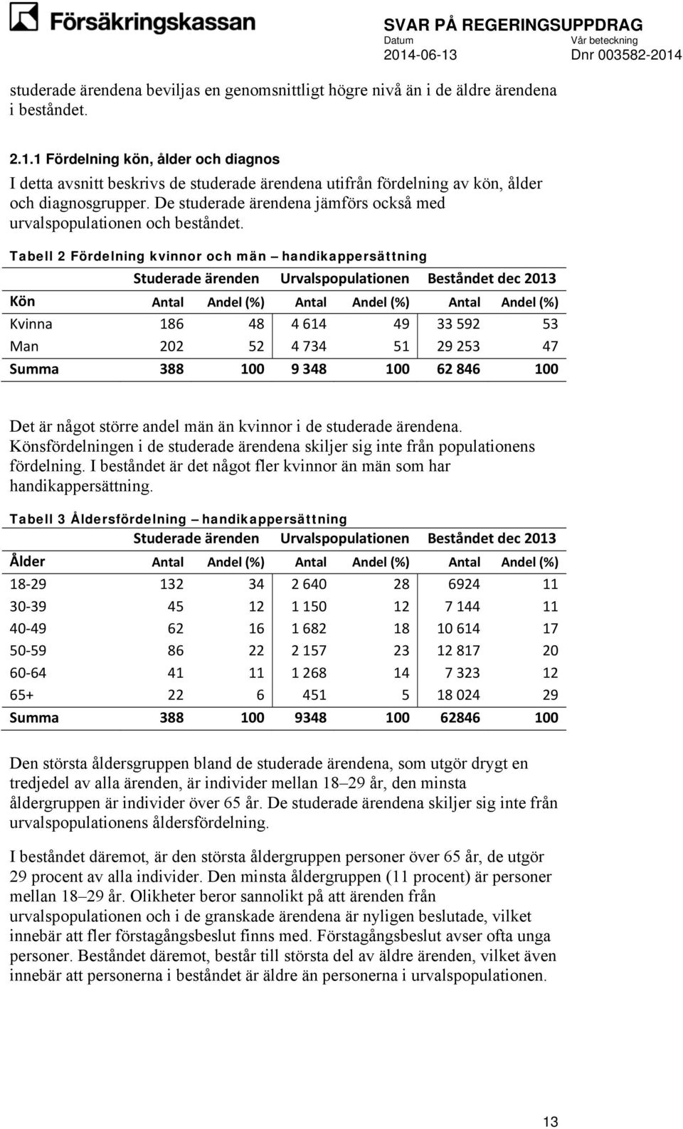 De studerade ärendena jämförs också med urvalspopulationen och beståndet.