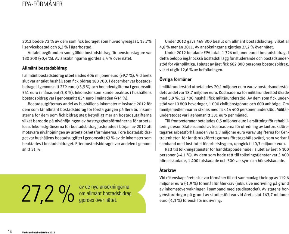 Allmänt bostadsbidrag I allmänt bostadsbidrag utbetalades 606 miljoner euro (+9,7 %). Vid årets slut var antalet hushåll som fick bidrag 180 700.