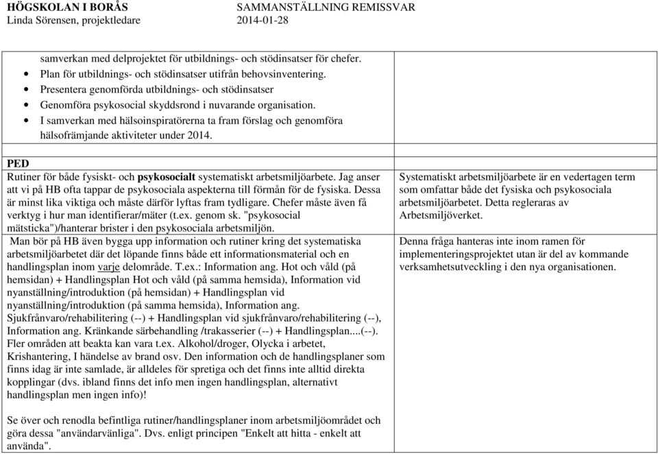 I samverkan med hälsoinspiratörerna ta fram förslag och genomföra hälsofrämjande aktiviteter under 2014. PED Rutiner för både fysiskt- och psykosocialt systematiskt arbetsmiljöarbete.