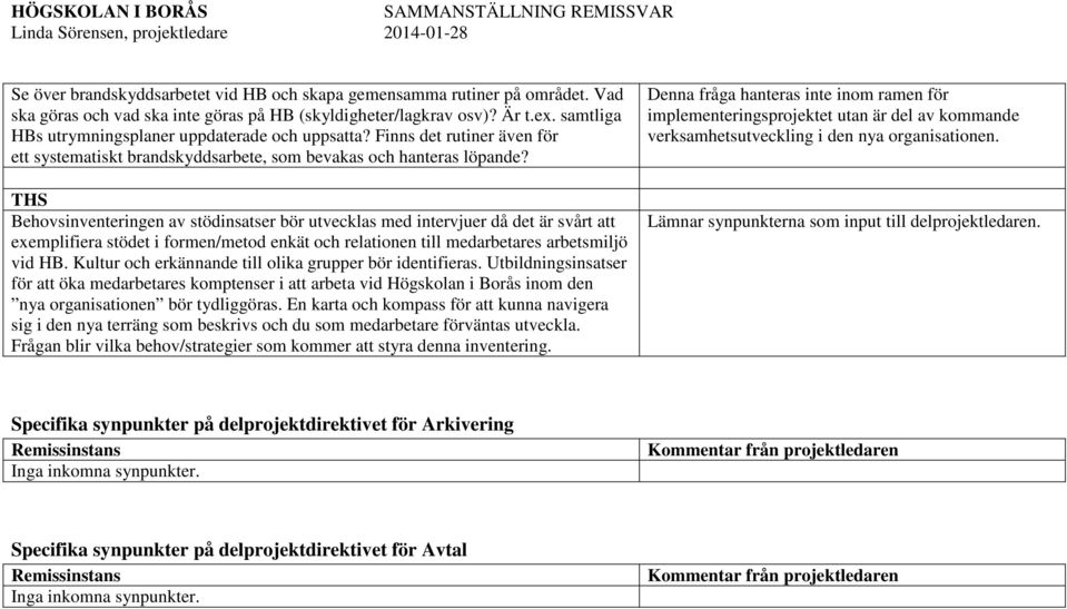 THS Behovsinventeringen av stödinsatser bör utvecklas med intervjuer då det är svårt att exemplifiera stödet i formen/metod enkät och relationen till medarbetares arbetsmiljö vid HB.