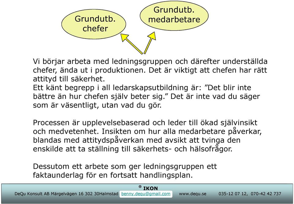 Det är inte vad du säger som är väsentligt, utan vad du gör. Processen är upplevelsebaserad och leder till ökad självinsikt och medvetenhet.