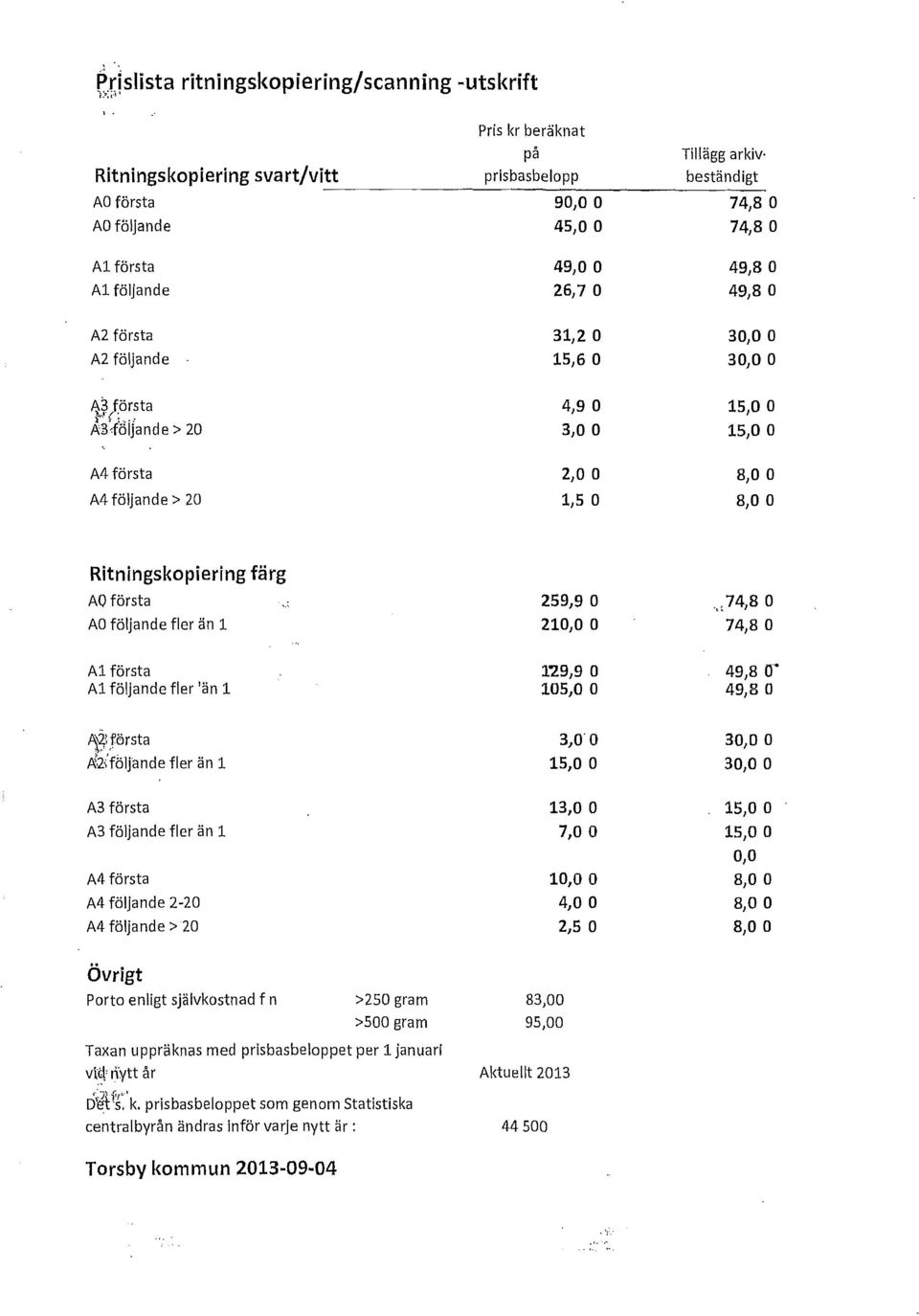 .., NHöljande> 20 4}9 O 3}O O A4 första A4 följande> 20 2}0 O l}s O Ritningskopiering färg AQ första AO följande fler än 1 259,9 O 210}0 O.