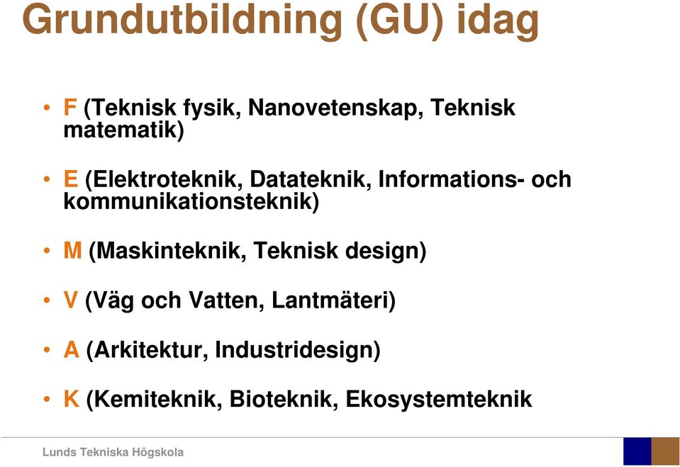 kommunikationsteknik) M (Maskinteknik, Teknisk design) V (Väg och