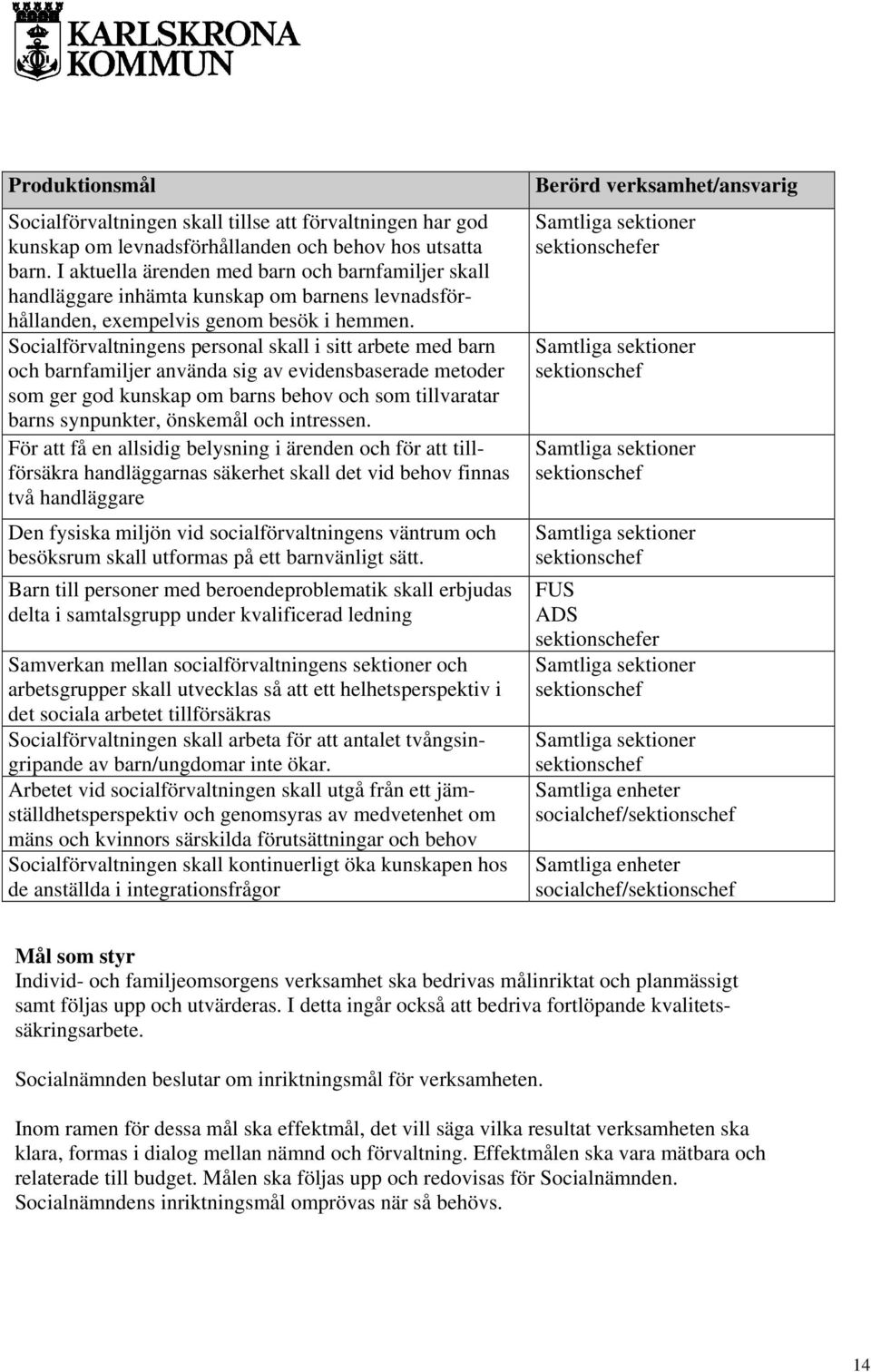 Socialförvaltningens personal skall i sitt arbete med barn och barnfamiljer använda sig av evidensbaserade metoder som ger god kunskap om barns behov och som tillvaratar barns synpunkter, önskemål