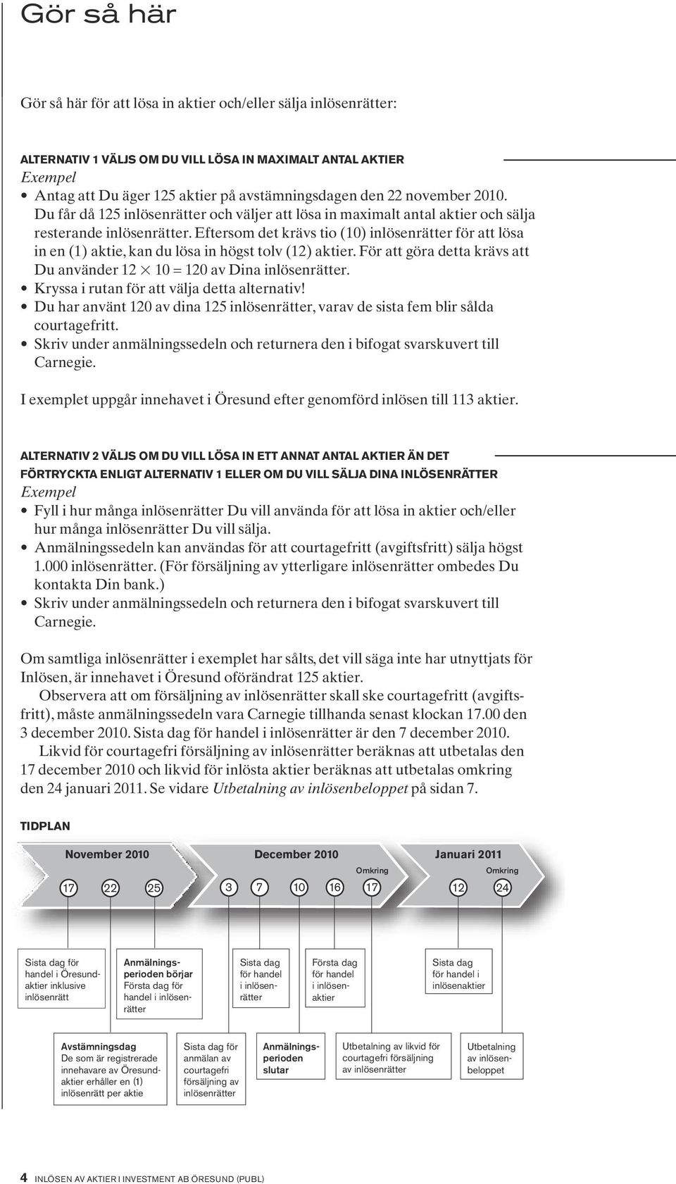 Eftersom det krävs tio (10) inlösenrätter för att lösa in en (1) aktie, kan du lösa in högst tolv (12) aktier. För att göra detta krävs att Du använder 12 10 = 120 av Dina inlösenrätter.