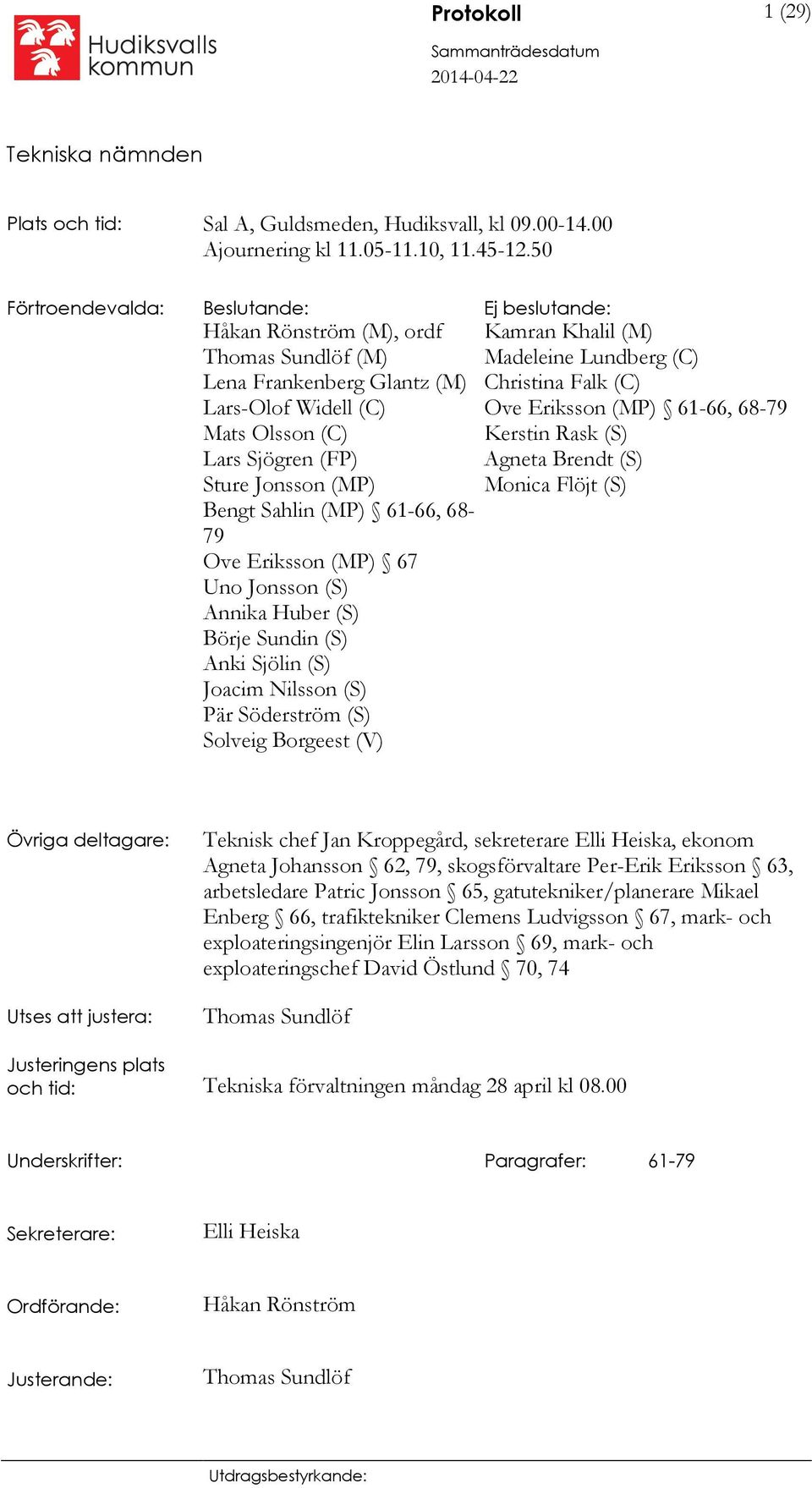 Sahlin (MP) 61-66, 68-79 Ove Eriksson (MP) 67 Uno Jonsson (S) Annika Huber (S) Börje Sundin (S) Anki Sjölin (S) Joacim Nilsson (S) Pär Söderström (S) Solveig Borgeest (V) Kamran Khalil (M) Madeleine