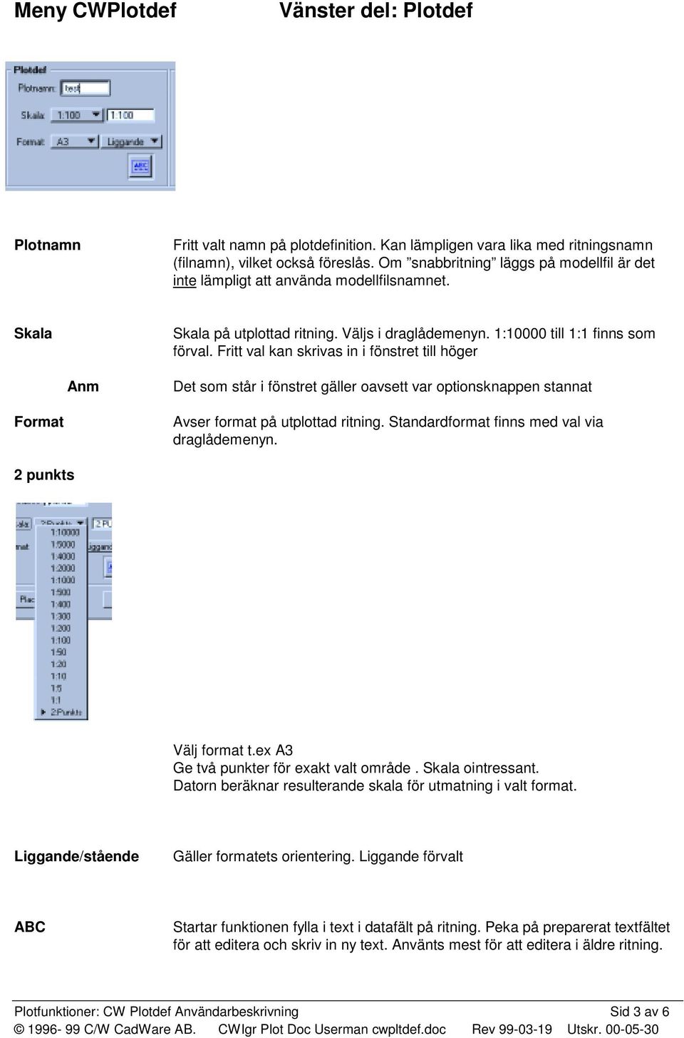 Fritt val kan skrivas in i fönstret till höger Det som står i fönstret gäller oavsett var optionsknappen stannat Avser format på utplottad ritning. Standardformat finns med val via draglådemenyn.