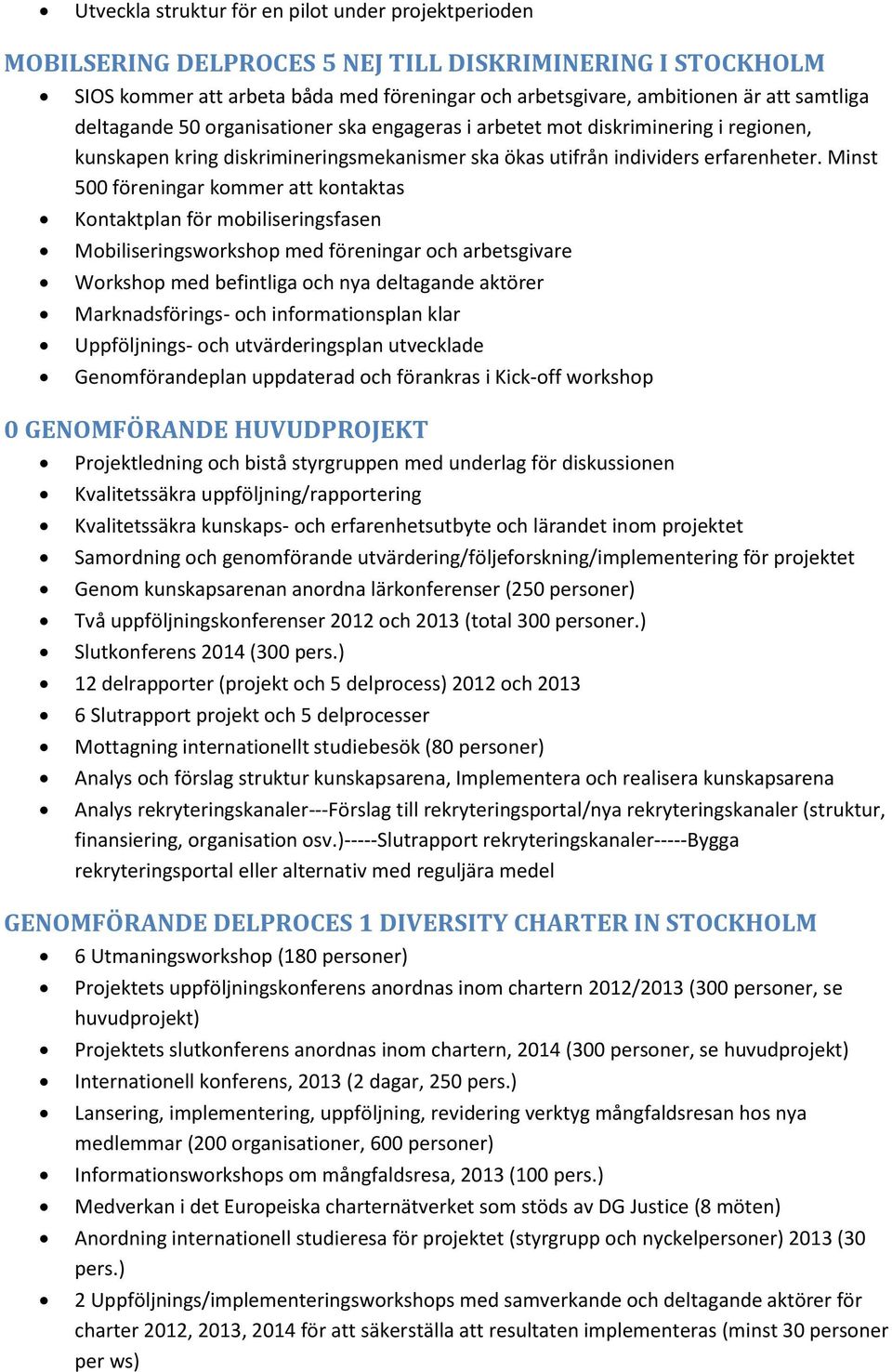 Minst 500 föreningar kommer att kontaktas Kontaktplan för mobiliseringsfasen Mobiliseringsworkshop med föreningar och arbetsgivare Workshop med befintliga och nya deltagande aktörer Marknadsförings-