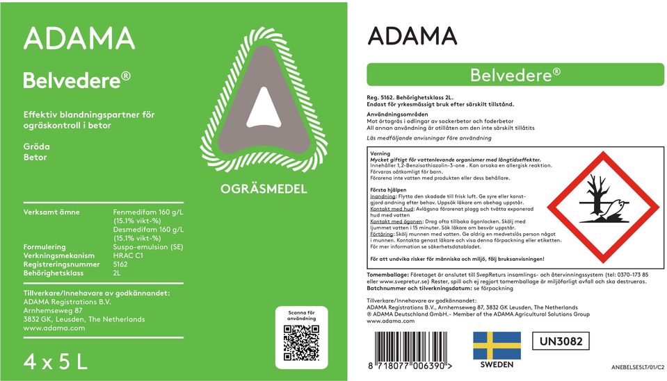 adama.com OGRÄSMEDEL Scanna för användning Belvedere Reg. 5162. Behörighetsklass 2L. Endast för yrkesmässigt bruk efter särskilt tillstånd.