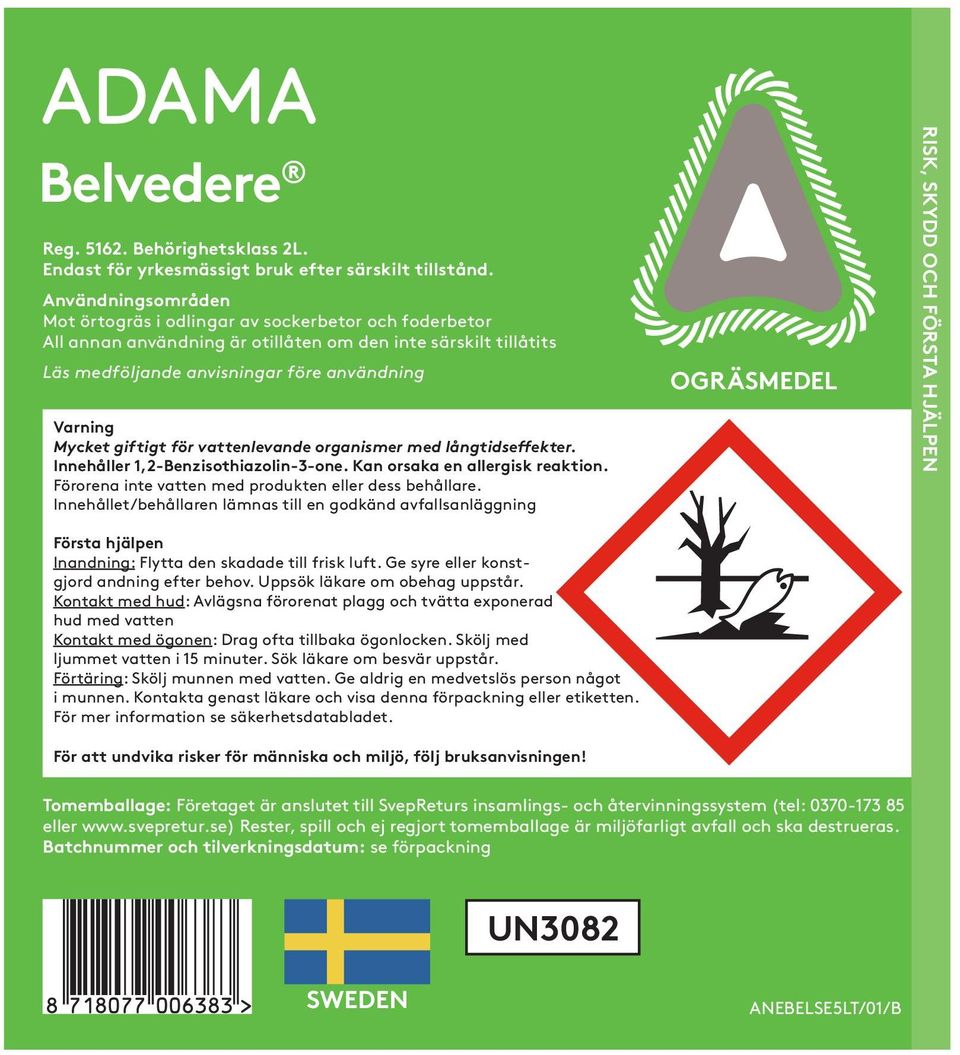 giftigt för vattenlevande organismer med långtidseffekter. Innehåller 1,2-Benzisothiazolin-3-one. Kan orsaka en allergisk reaktion. Förorena inte vatten med produkten eller dess behållare.