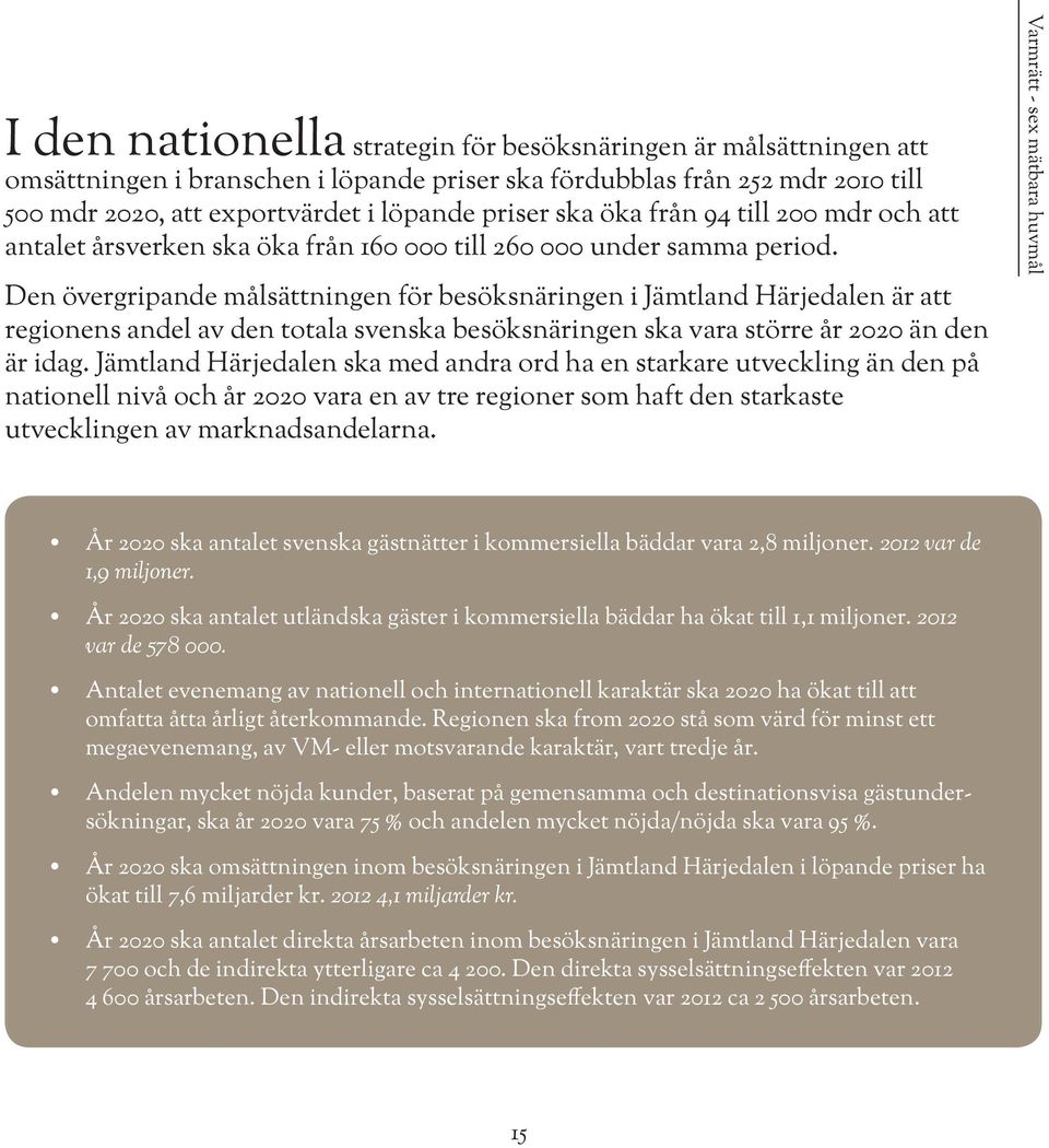 Den övergripande målsättningen för besöksnäringen i Jämtland Härjedalen är att regionens andel av den totala svenska besöksnäringen ska vara större år 2020 än den är idag.