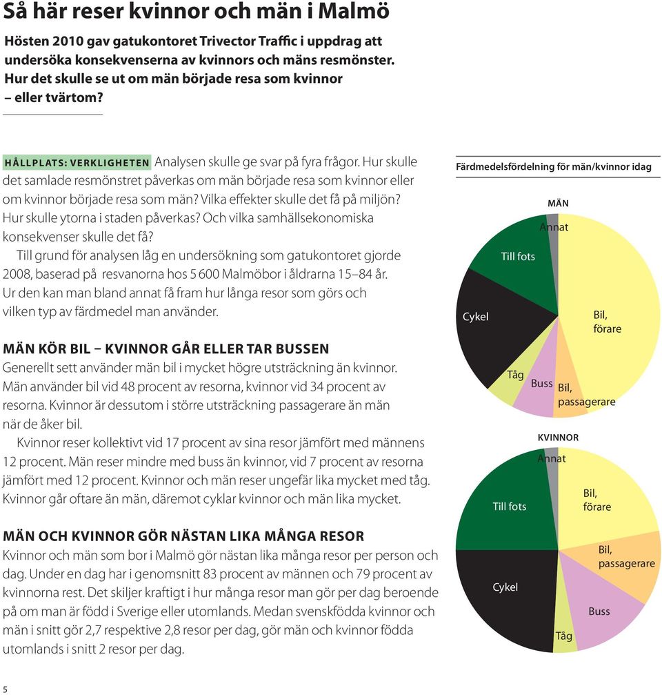 Hur skulle det samlade resmönstret påverkas om män började resa som kvinnor eller om kvinnor började resa som män? Vilka effekter skulle det få på miljön? Hur skulle ytorna i staden påverkas?