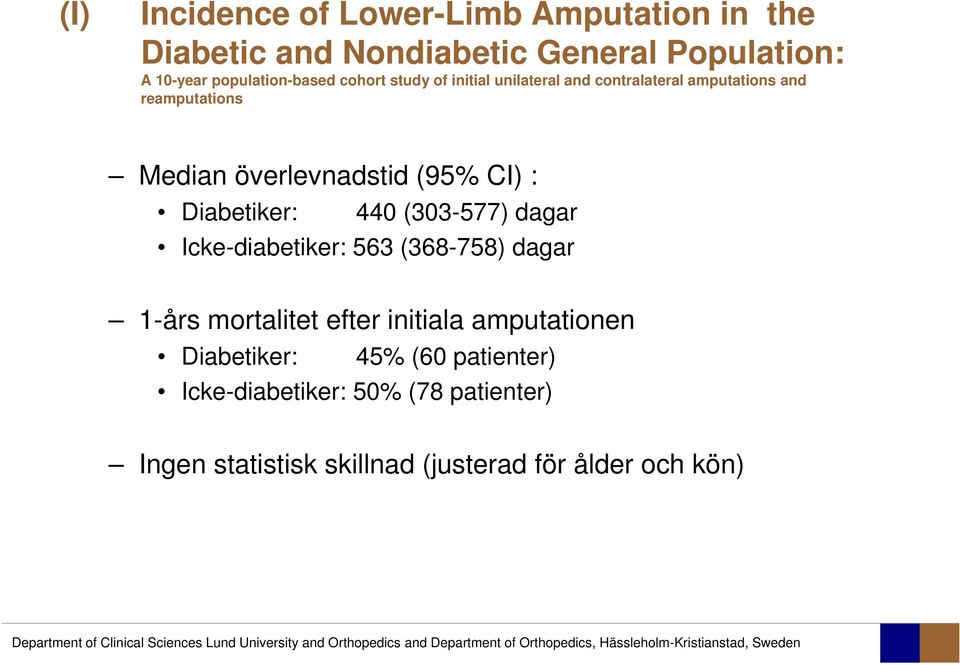 Diabetiker: 440 (303-577) dagar Icke-diabetiker: 563 (368-758) dagar 1-års mortalitet efter initiala amputationen