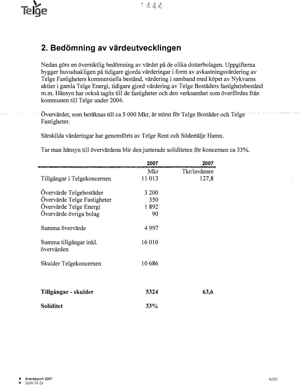 Telge Energi, tidigare gjord värdering av Telge Bostäders fastighetsbestånd m.m. Hänsyn har också tagits till de fastigheter och den verksamhet som överfördes från kommunen till Telge under 2004.