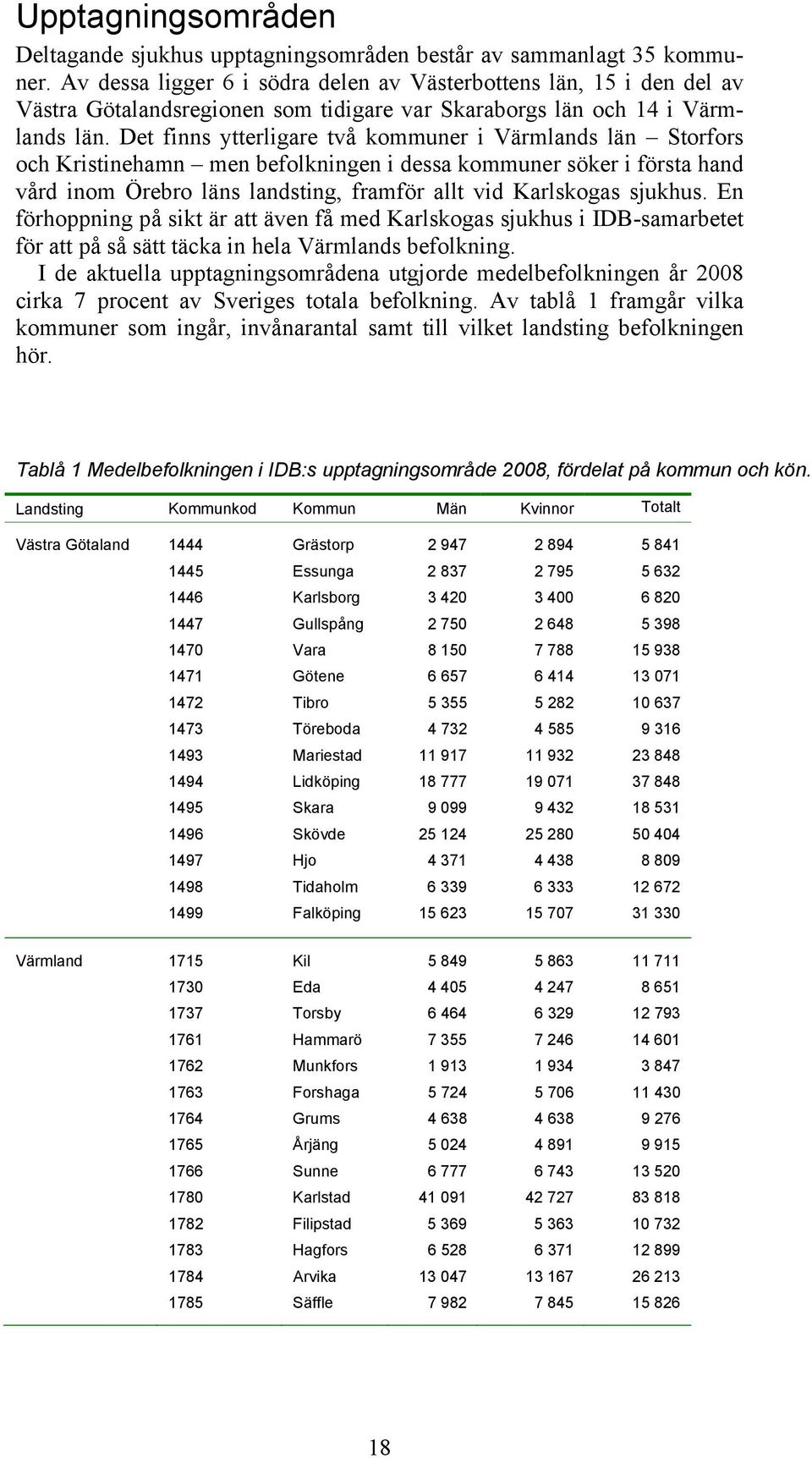 Det finns ytterligare två kommuner i Värmlands län Storfors och Kristinehamn men befolkningen i dessa kommuner söker i första hand vård inom Örebro läns landsting, framför allt vid Karlskogas sjukhus.