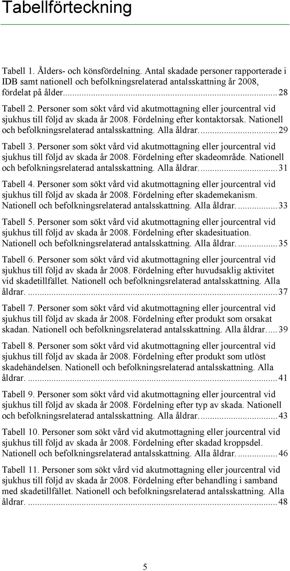 ... 29 Tabell 3. Personer som sökt vård vid akutmottagning eller jourcentral vid sjukhus till följd av skada år 2008. Fördelning efter skadeområde. Nationell och befolkningsrelaterad antalsskattning.