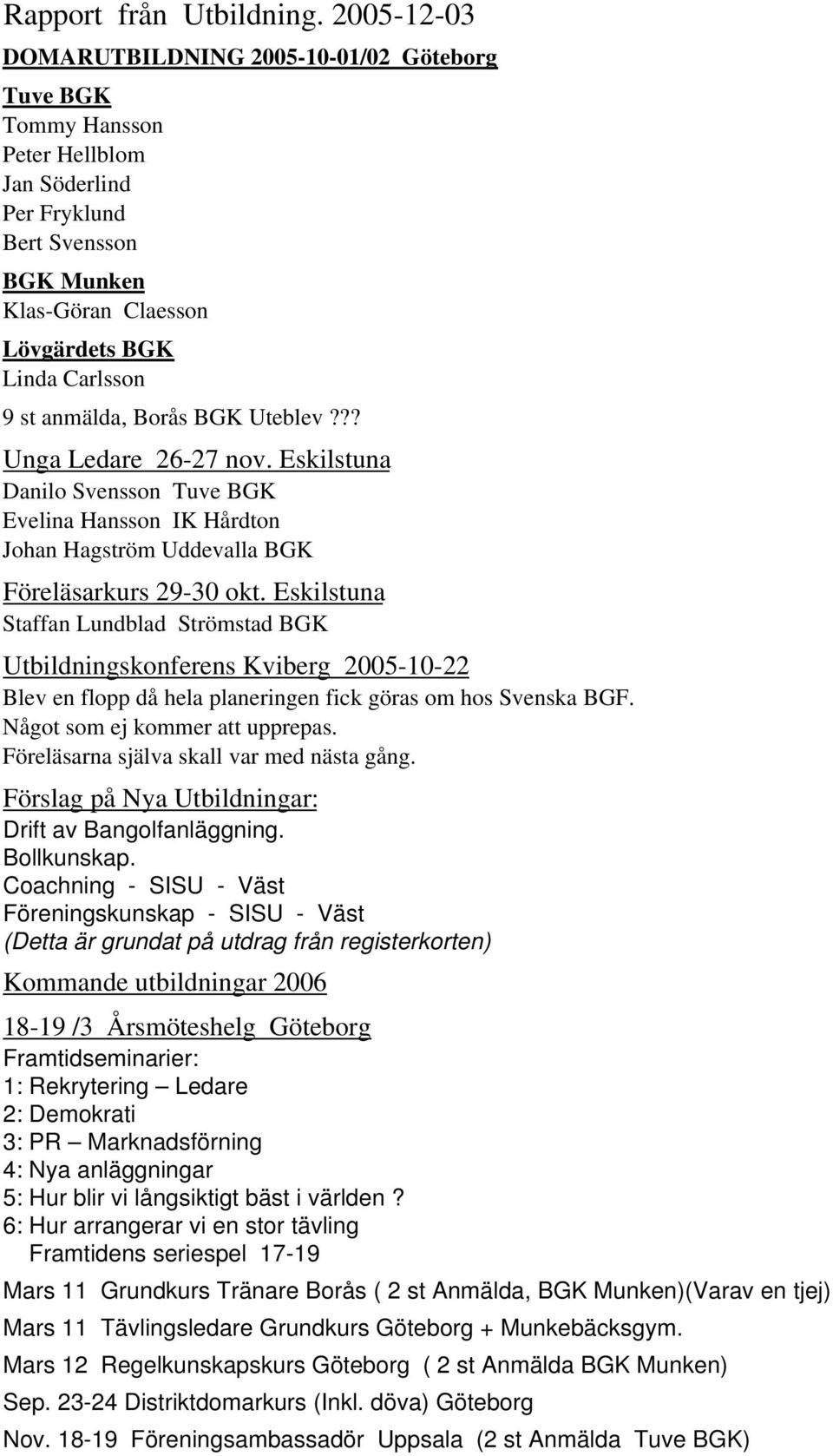 anmälda, Borås BGK Uteblev??? Unga Ledare 26-27 nov. Eskilstuna Danilo Svensson Tuve BGK Evelina Hansson IK Hårdton Johan Hagström Uddevalla BGK Föreläsarkurs 29-30 okt.