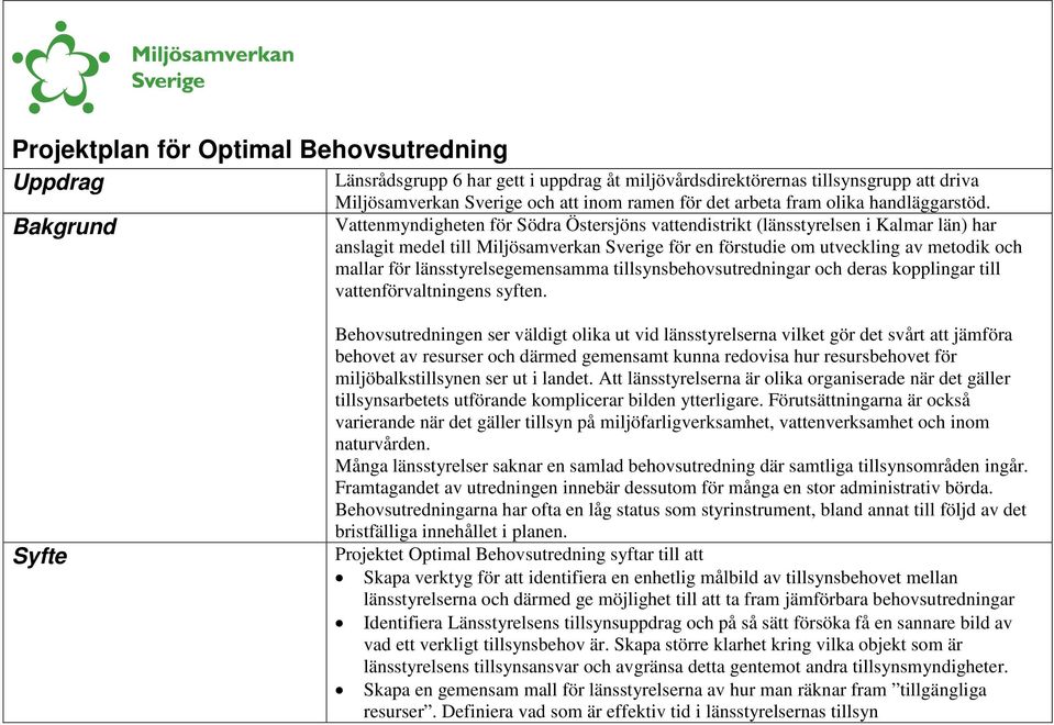 Vattenmyndigheten för Södra Östersjöns vattendistrikt (länsstyrelsen i Kalmar län) har anslagit medel till Miljösamverkan Sverige för en förstudie om utveckling av metodik och mallar för