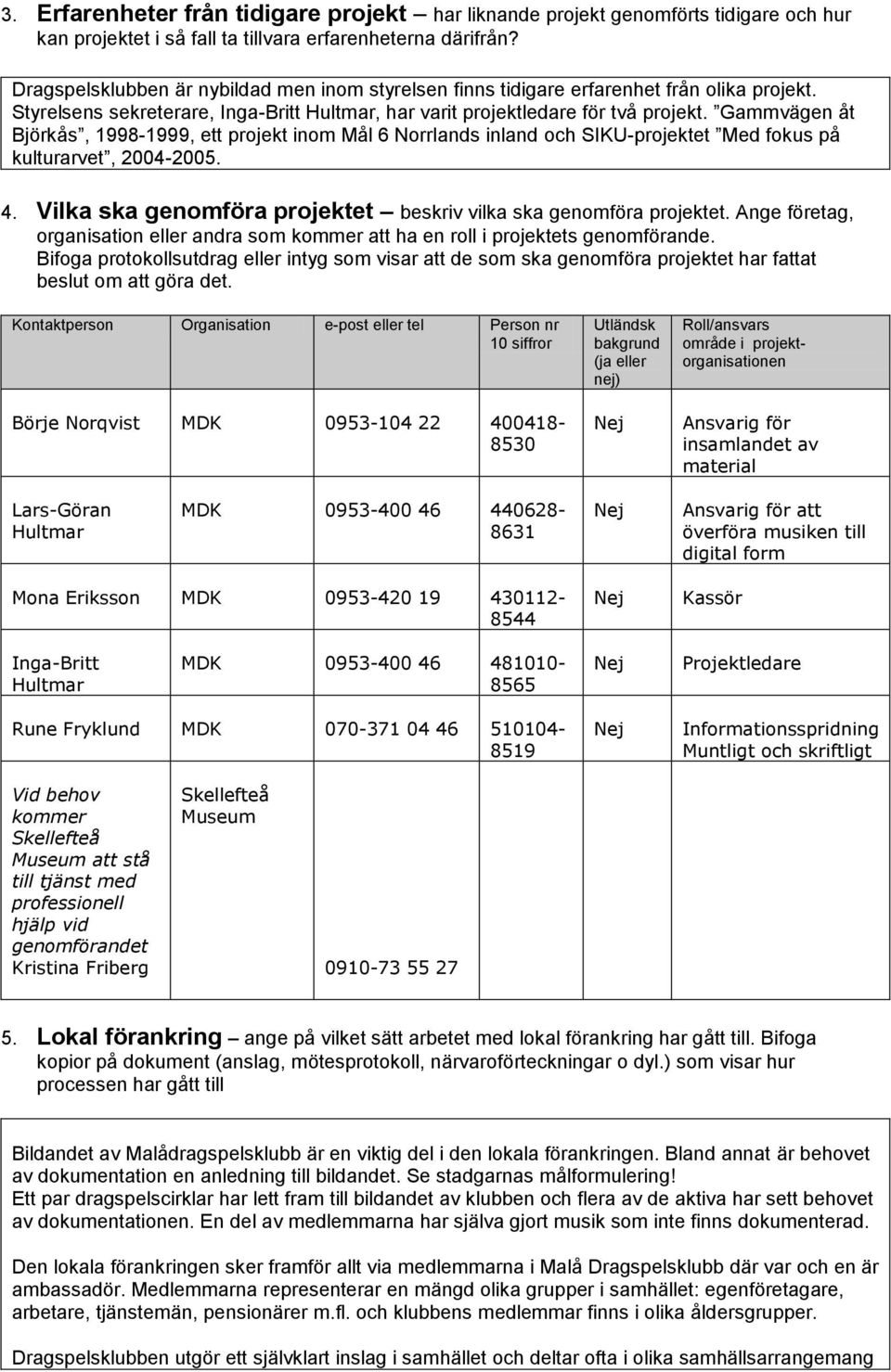 Gammvägen åt Björkås, 1998-1999, ett projekt inom Mål 6 Norrlands inland och SIKU-projektet Med fokus på kulturarvet, 2004-2005. 4. Vilka ska genomföra projektet beskriv vilka ska genomföra projektet.