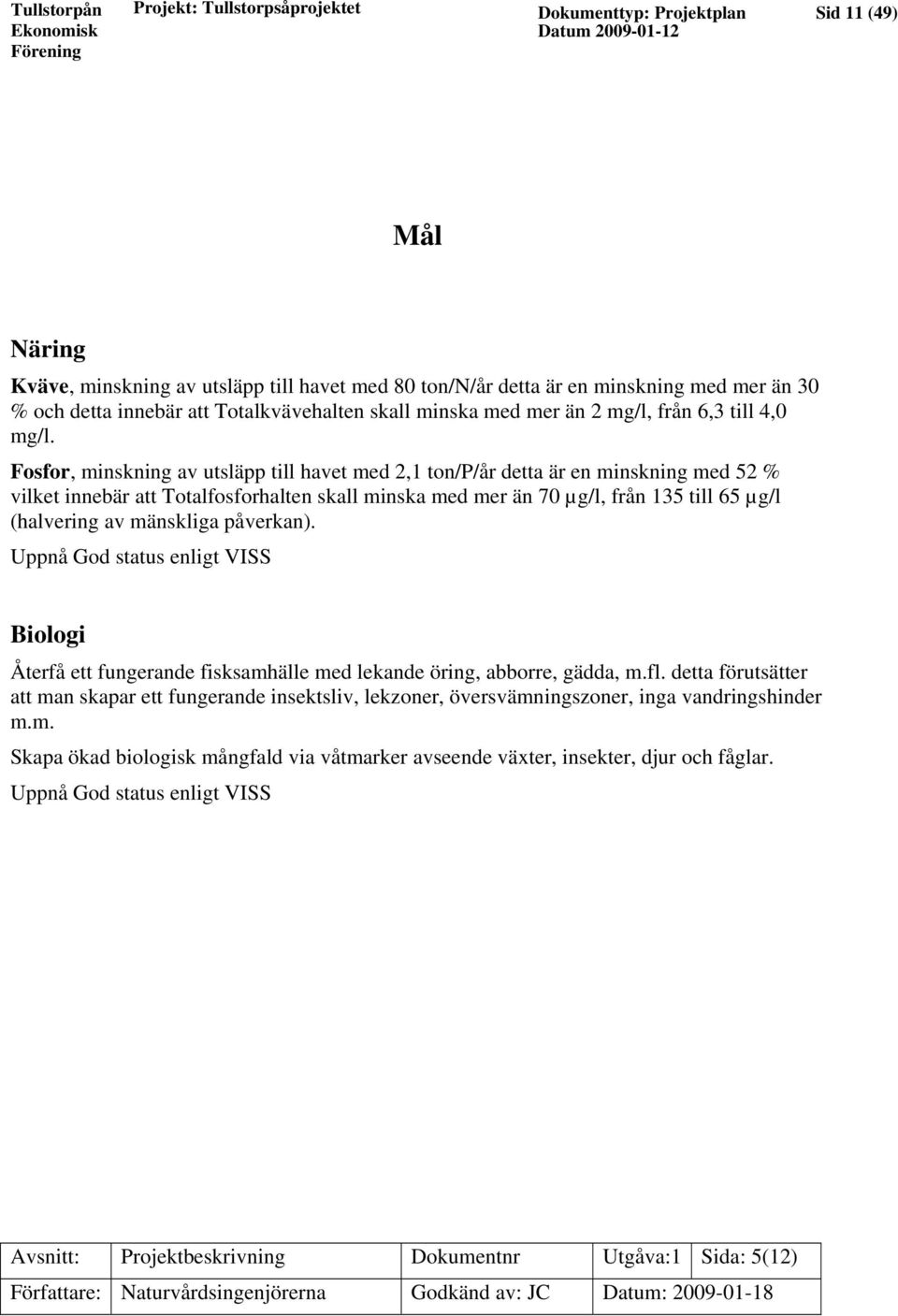 Fosfor, minskning av utsläpp till havet med 2,1 ton/p/år detta är en minskning med 52 % vilket innebär att Totalfosforhalten skall minska med mer än 70 µg/l, från 135 till 65 µg/l (halvering av