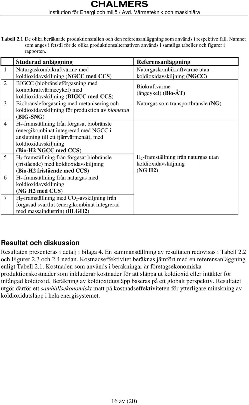 Studerad anläggning 1 Naturgaskombikraftvärme med koldioxidavskiljning (NGCC med CCS) 2 BIGCC (biobränsleförgasning med kombikraftvärmecykel) med koldioxidavskiljning (BIGCC med CCS) 3