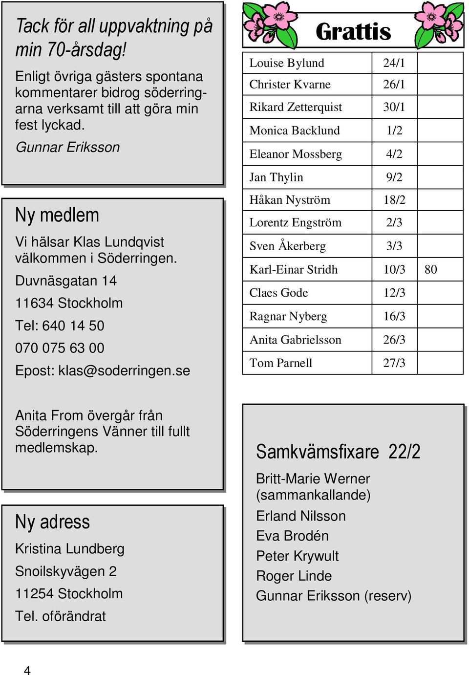 se Grattis Louise Bylund 24/1 Christer Kvarne 26/1 Rikard Zetterquist 30/1 Monica Backlund 1/2 Eleanor Mossberg 4/2 Jan Thylin 9/2 Håkan Nyström 18/2 Lorentz Engström 2/3 Sven Åkerberg 3/3 Karl-Einar